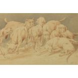Monogrammed E.D., a pack of dogs, three washed drawings, 21 x 31 - 35 cm