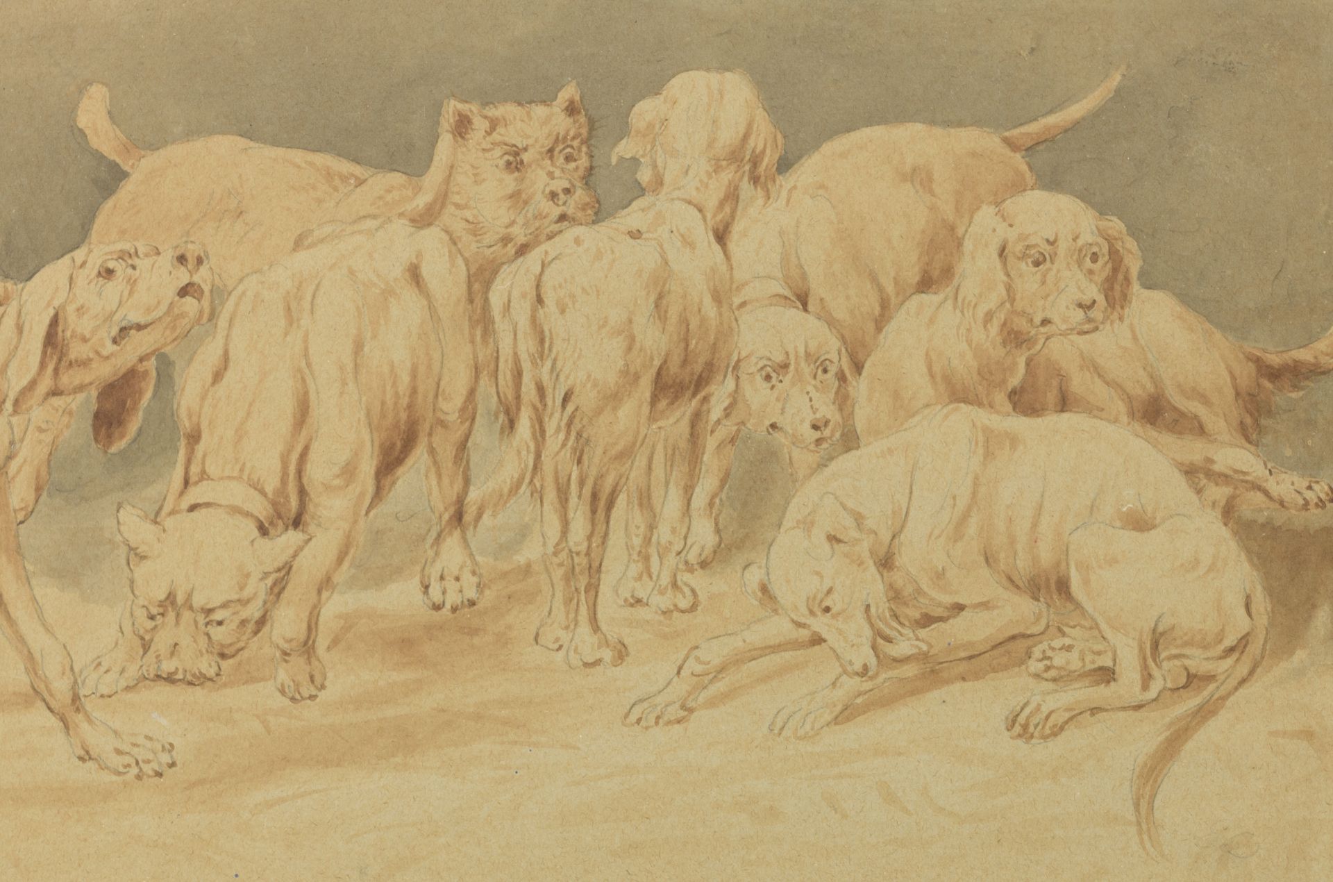 Monogrammed E.D., a pack of dogs, three washed drawings, 21 x 31 - 35 cm