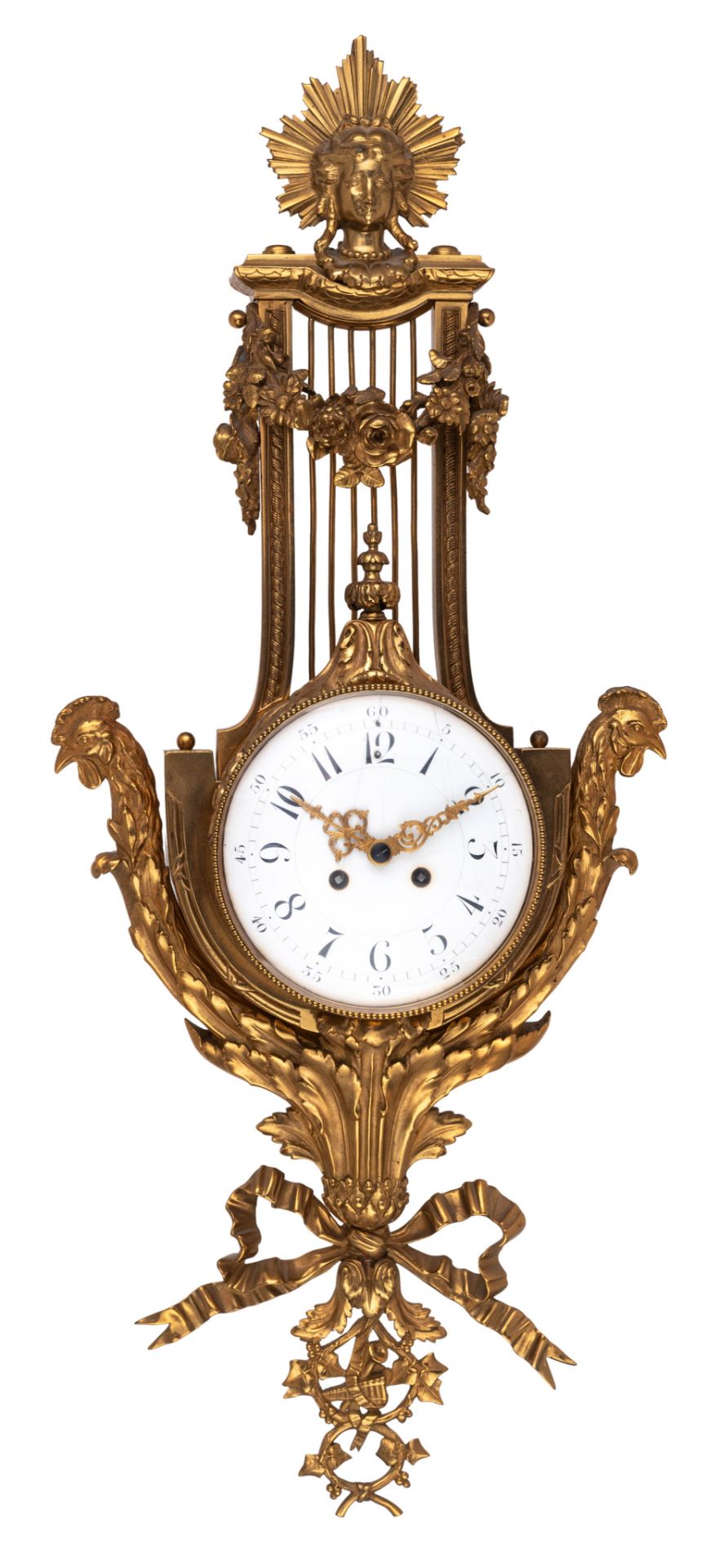 A Neoclassical gilt bronze lyre-shaped cartel clock, H 79 - W 33 cm