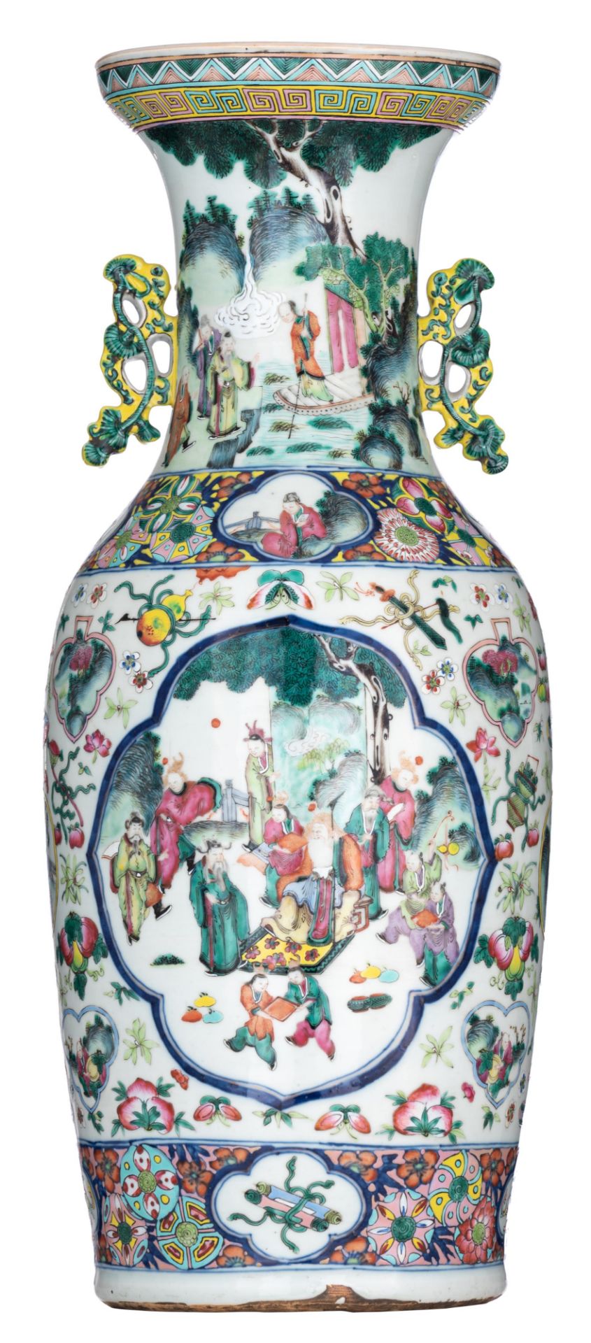 A Chinese famille rose vase, paired with lingzhi handles, 19thC, H 60 cm