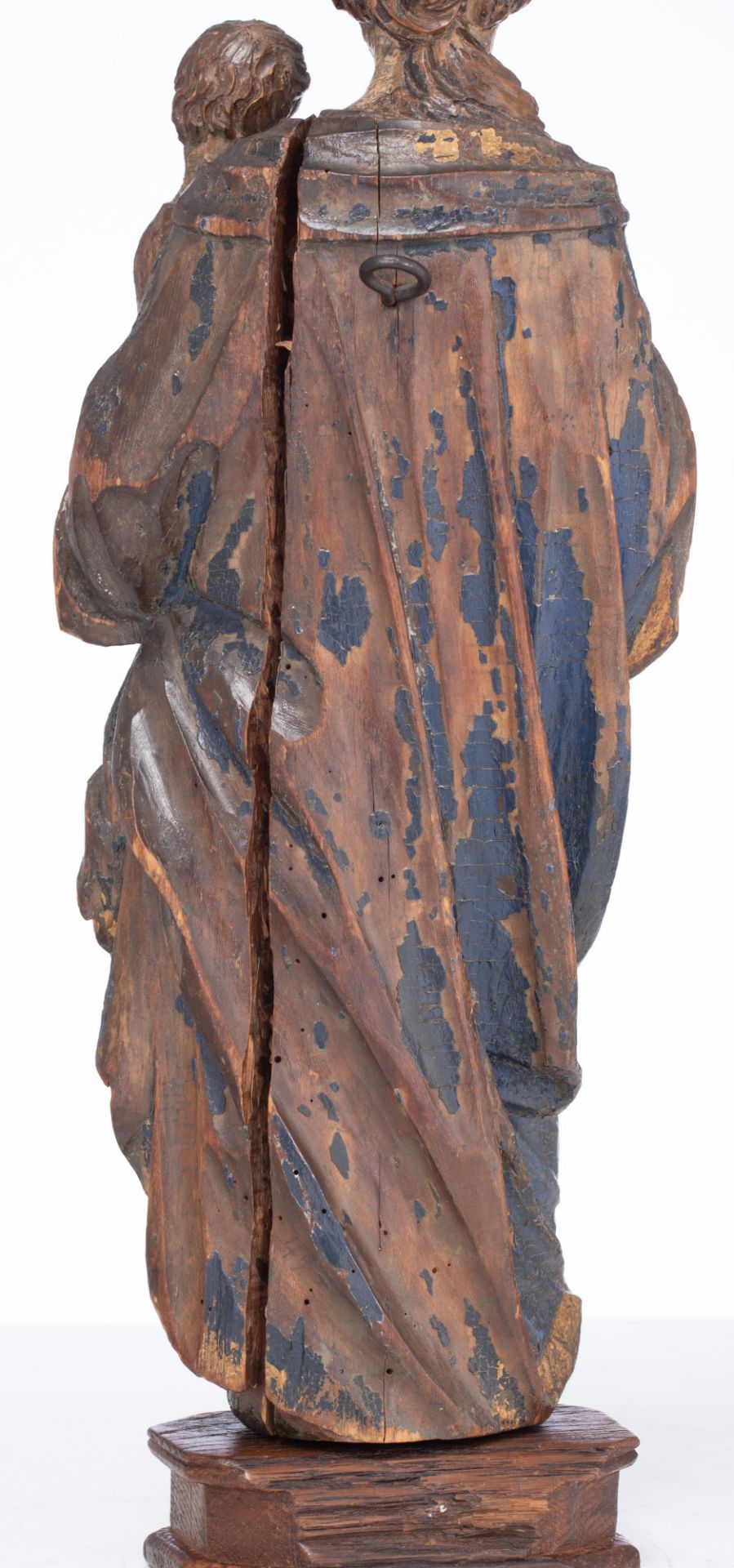 A 17thC polychrome painted limewood Madonna and Child, on an oak socle, Southern Netherlands, H Mado - Image 15 of 19