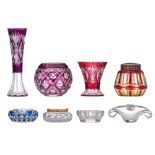 A various collection of glass vases and ashtrays, H 6,5 - 35,5 cm