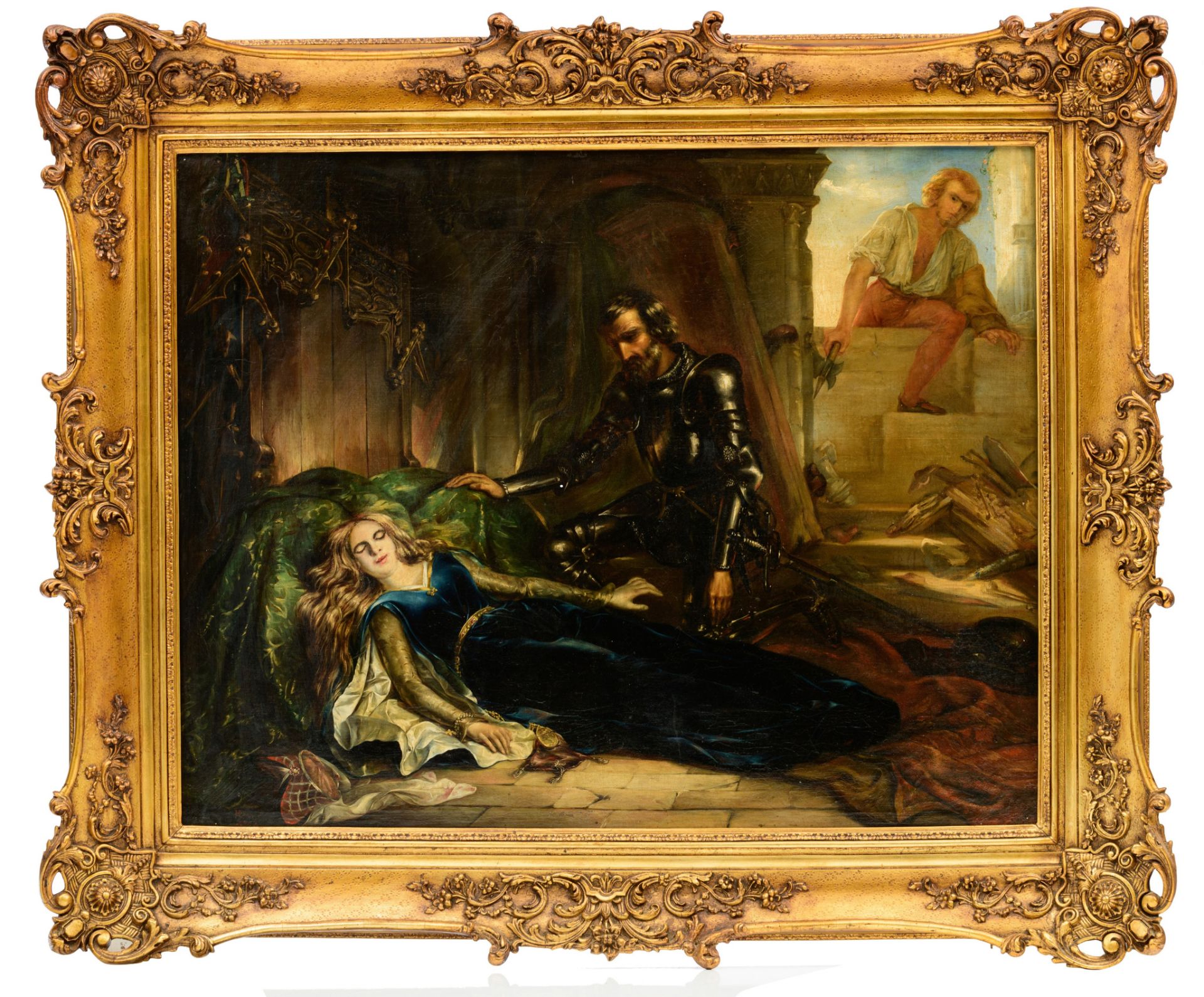 Dobbelaere H., a Gothic Revival scene of a knight rescuing a damsel, 1844, 163 x 222 cm - Image 2 of 7