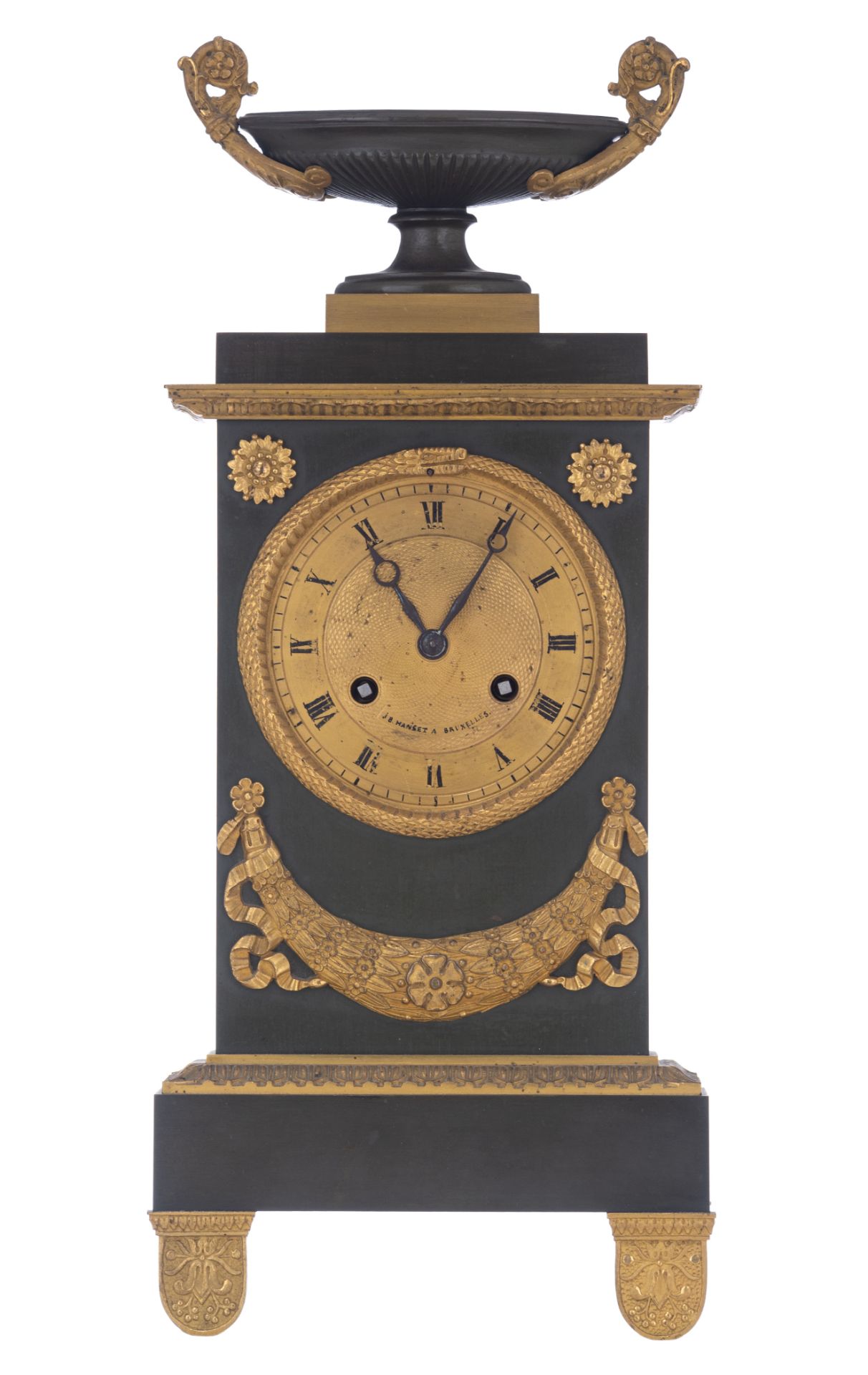 A fine Empire patinated and gilt bronze table clock, 'J.B. Hanset, Bruxelles', H 38 cm