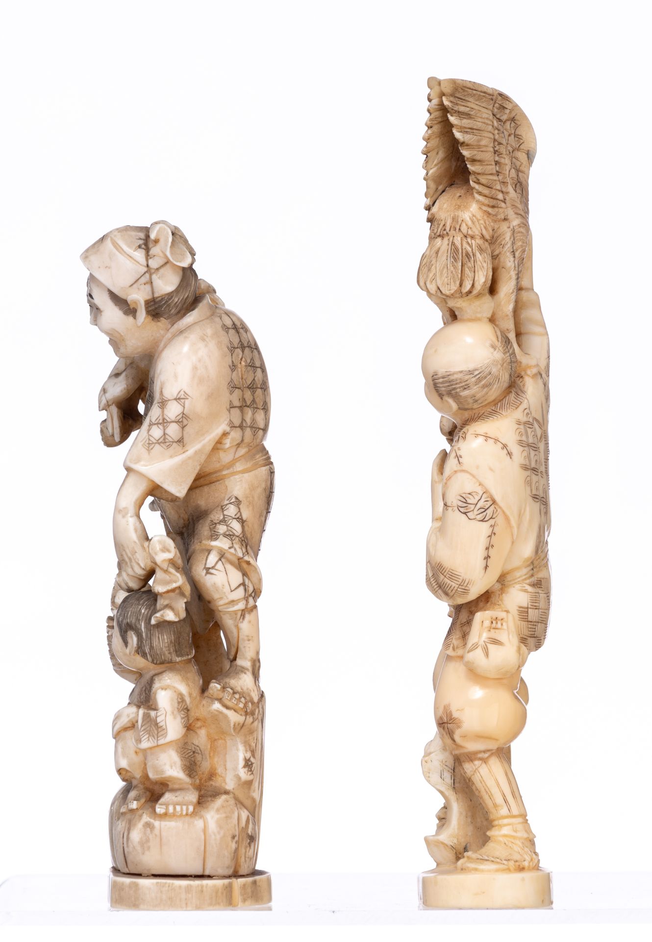 Two Japanese Meiji-period ivory okimono, H 18,7 - 22,6 cm / weight c. 480 - 350 g. - Image 2 of 17