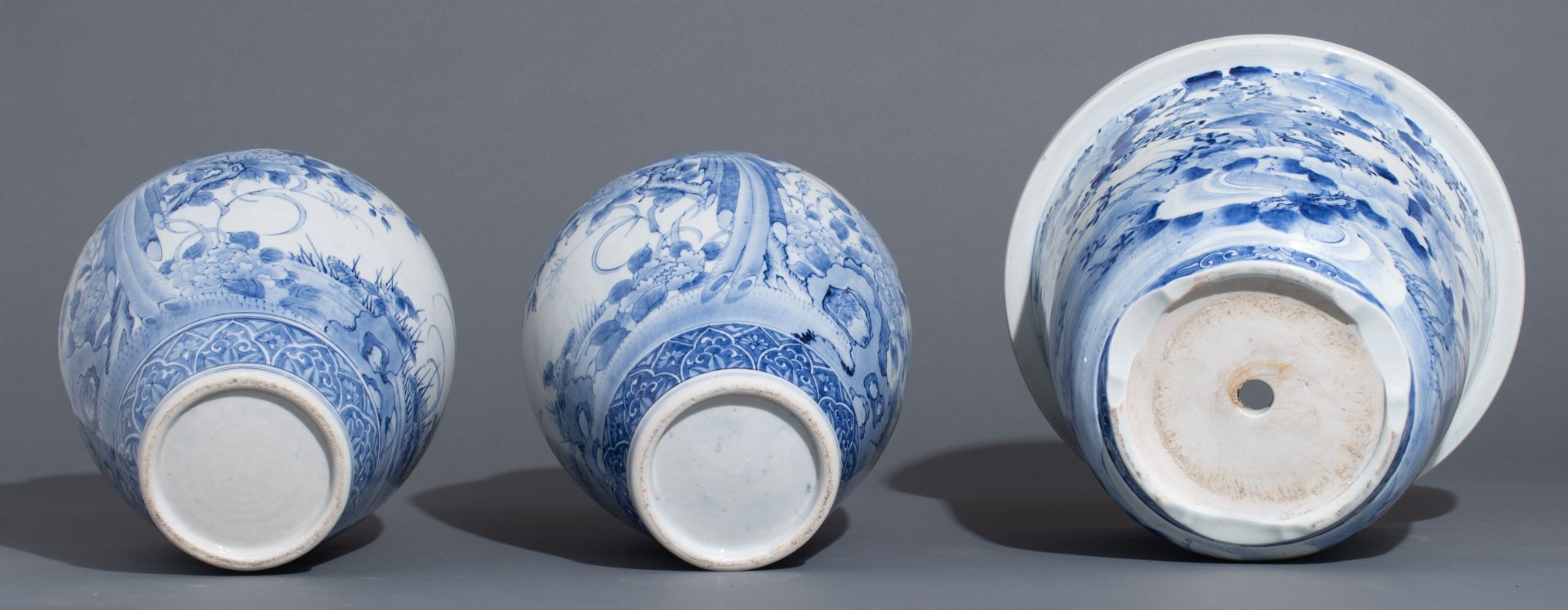 A pair of Japanese blue and white Arita covered vases and a ditto jardinière, Meiji period, H vases - Image 7 of 8