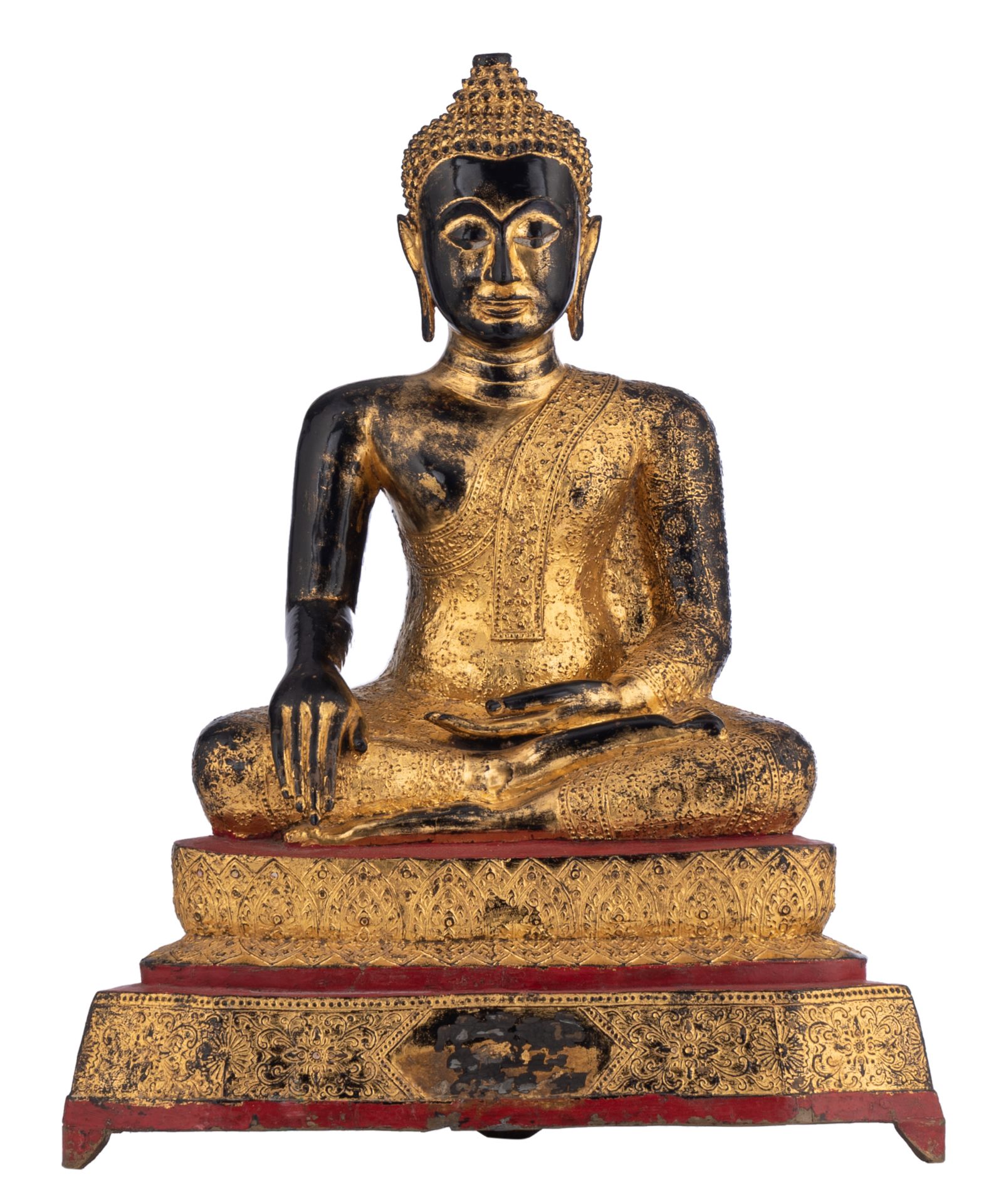 Two gilt bronze standing Buddha and a lacquered and gilt wood seated Buddha, Thailand, Tallest H 121 - Image 5 of 11