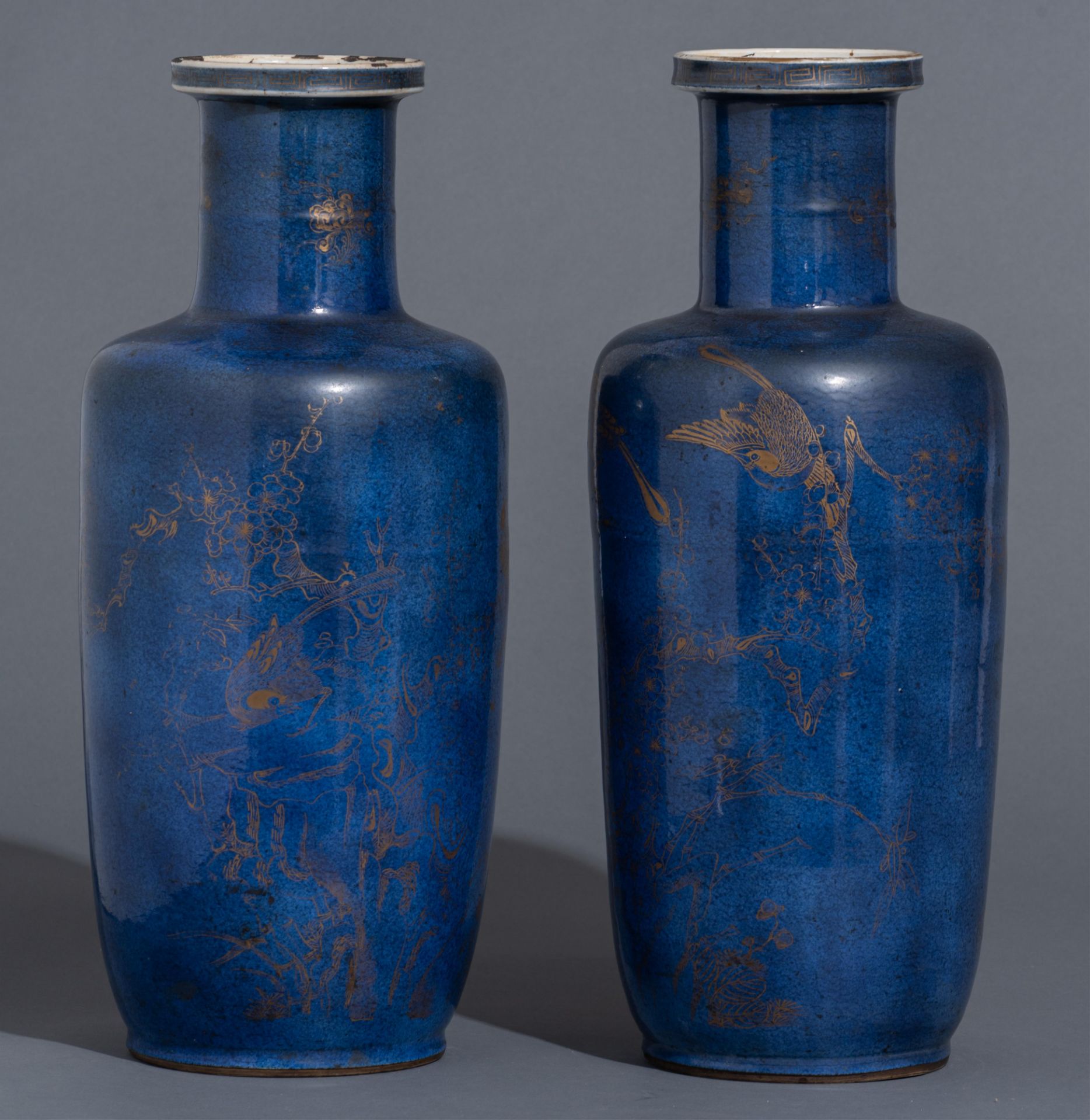 A pair of Chinese powder blue ground and gilt rouleau vases, 18thC, H 45,5 cm - Image 2 of 13
