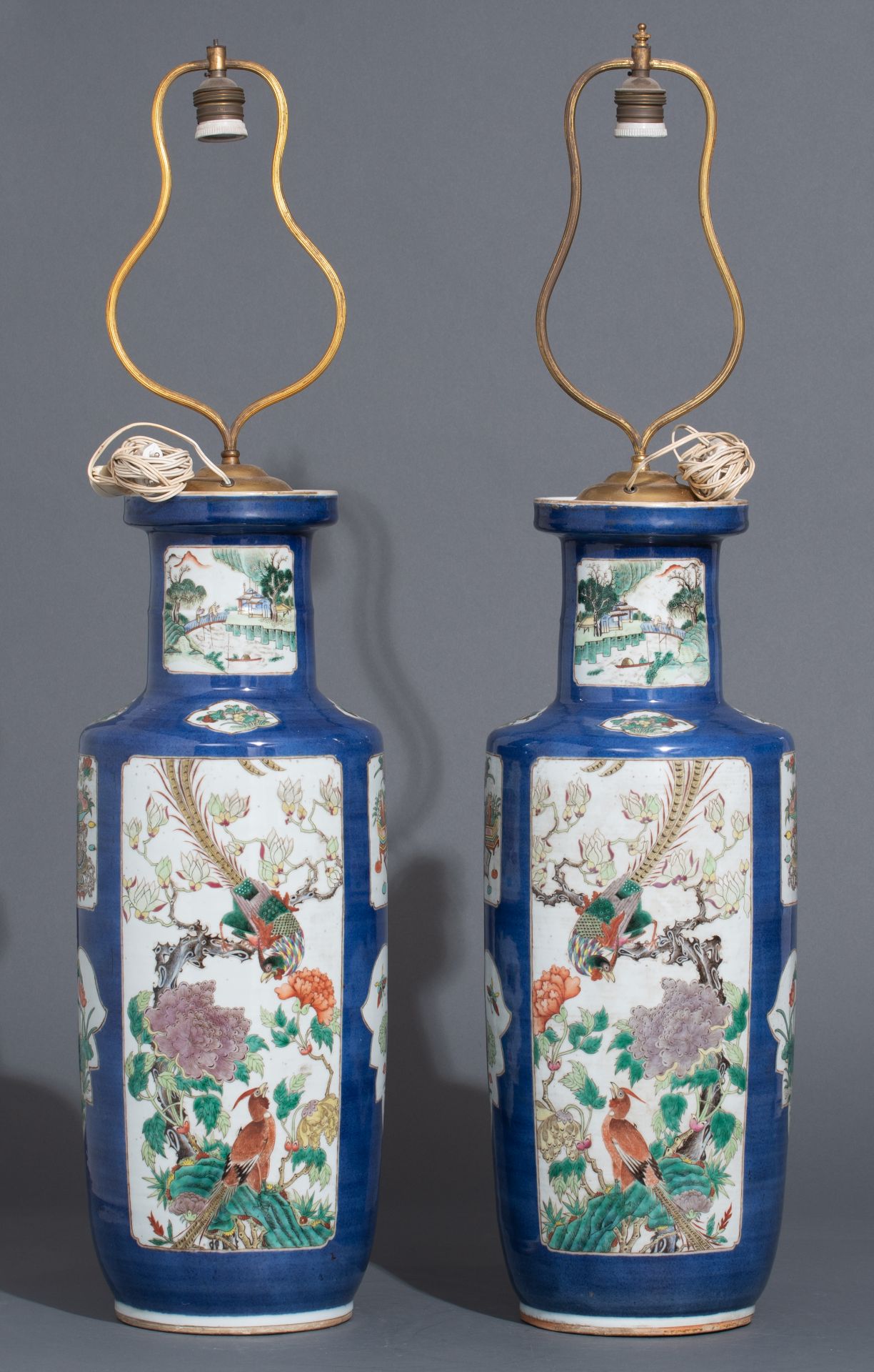A pair of Chinese bleu poudré ground and famille verte rouleau vases, with a Qianlong mark, 19thC, H - Image 4 of 9