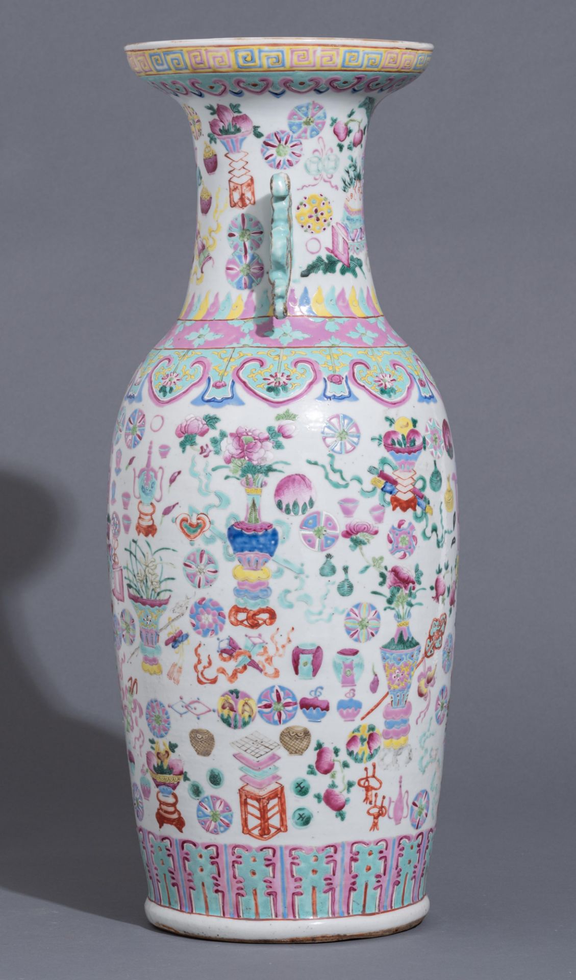 A Chinese famille rose 'antiquities' vase, paired with lingzhi handles, 19thC, H 62 cm - Image 3 of 9