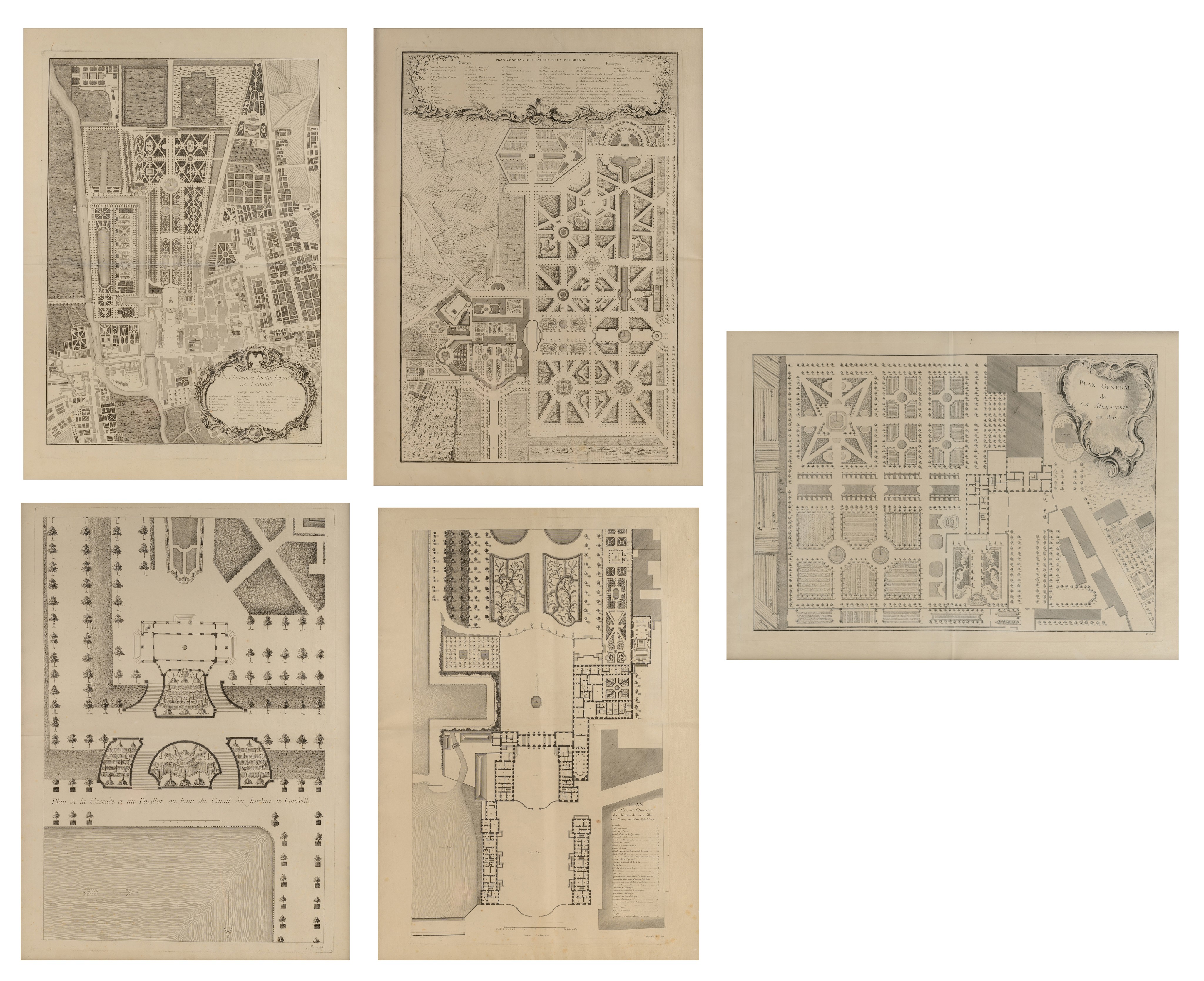 A collection of five engraved plans by François Lotha (ca. 1760-?), 18thC, 50 x 82 - 57,3 x 85 cm