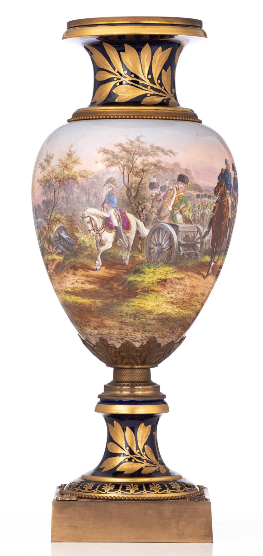 An imposing Sèvres vase, decorated with Napoleon at the battle of Jena, signed, H 84 cm - Image 2 of 5