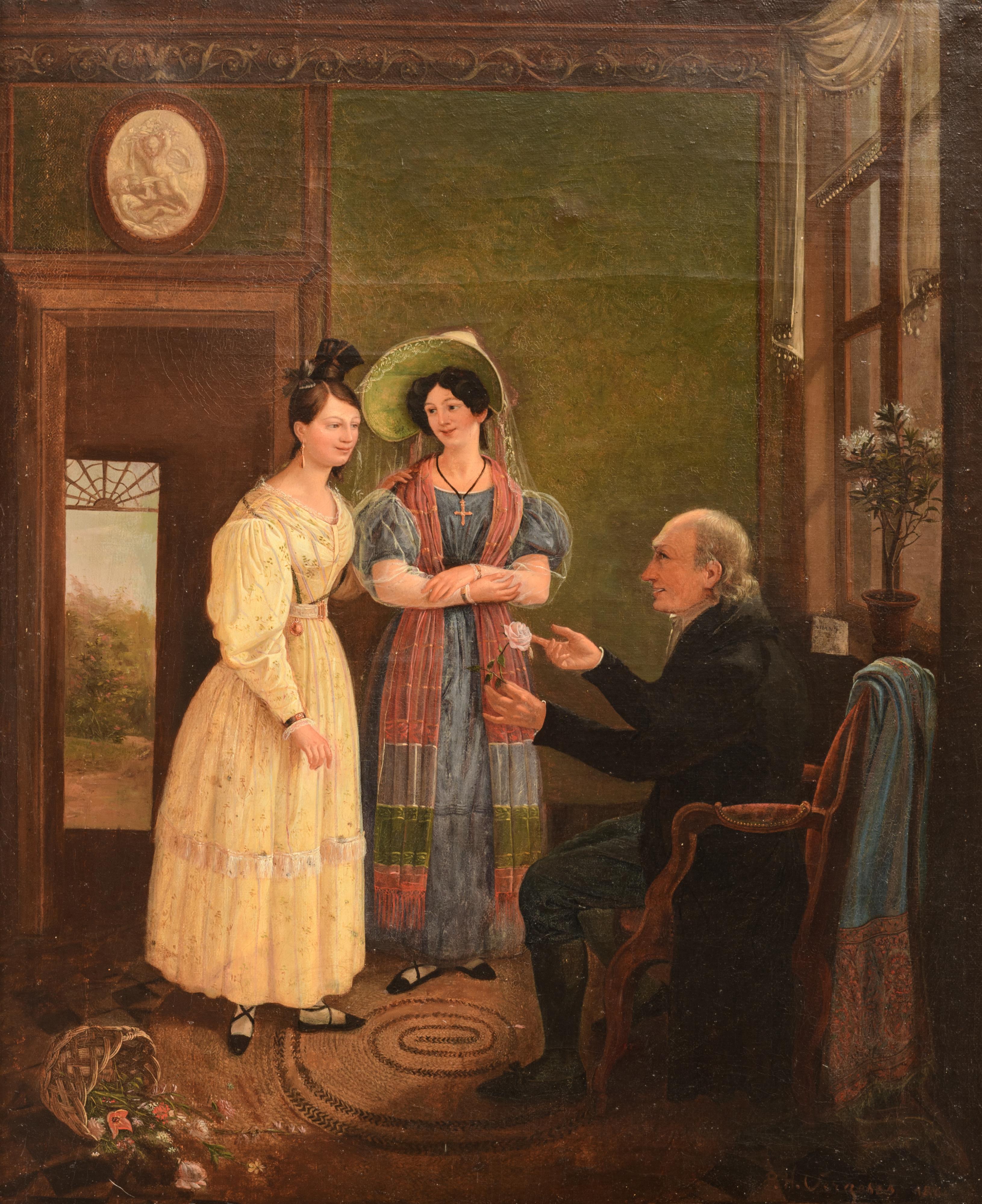 P.H. Vergeses, two sisters pleasing their father with a flower, 52,5 x 65 cm