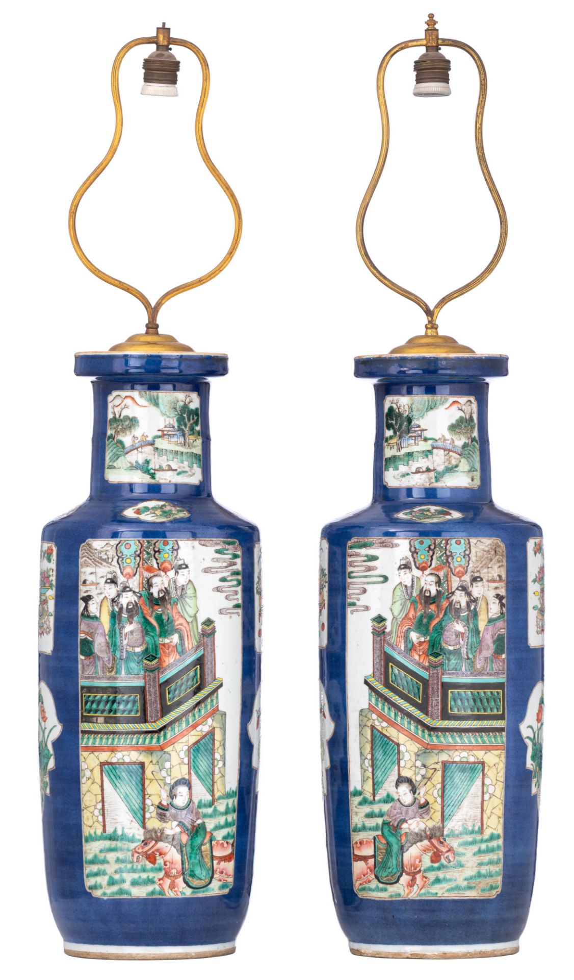 A pair of Chinese bleu poudré ground and famille verte rouleau vases, with a Qianlong mark, 19thC, H