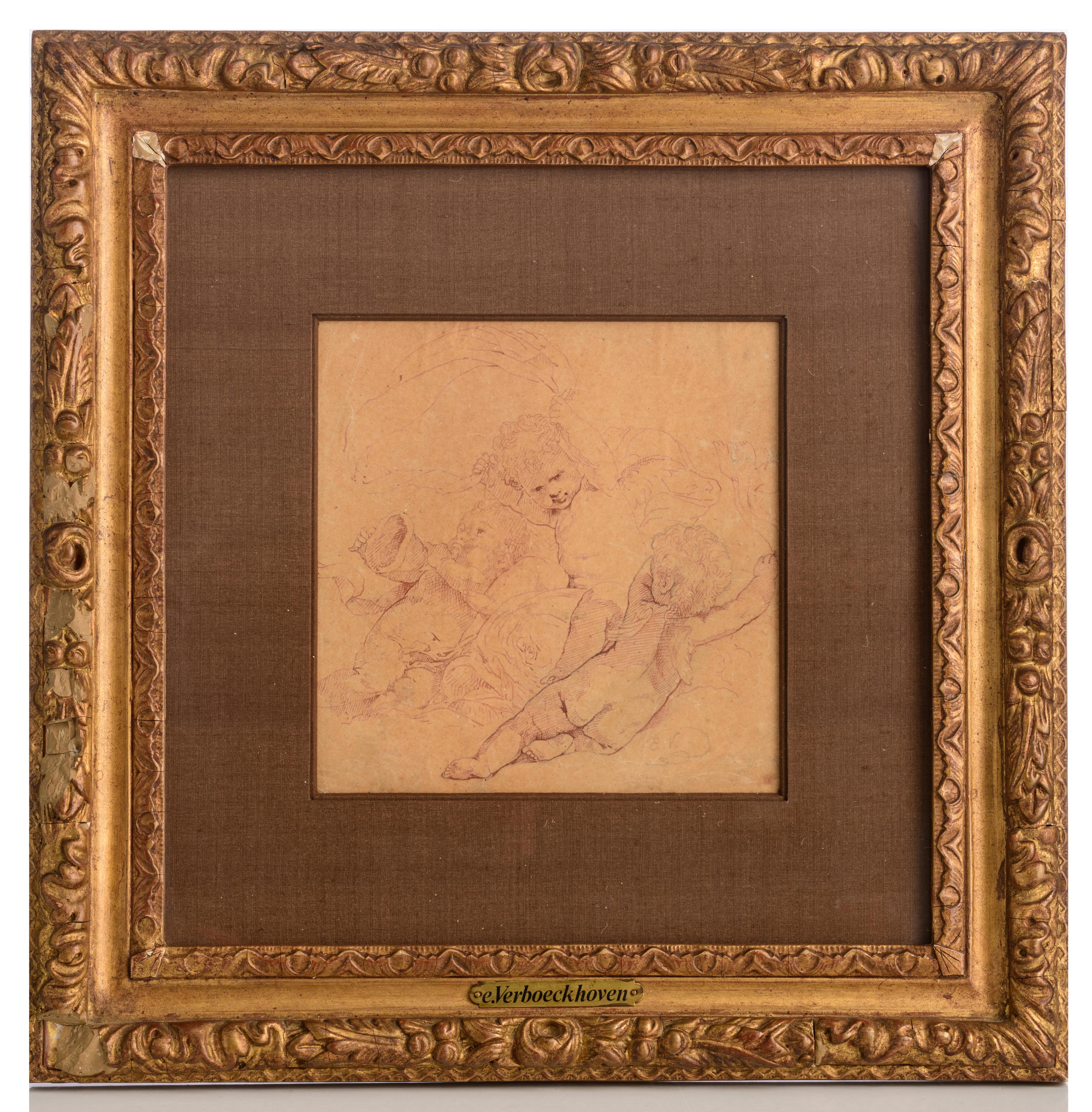 Attributed to Eugène Verboeckhoven, study drawing with putti, 18 x 18 cm - Image 2 of 6