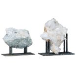 Two semi-precious stones presented on a metal base by Pia Manu, H 25,5 - 34 cm