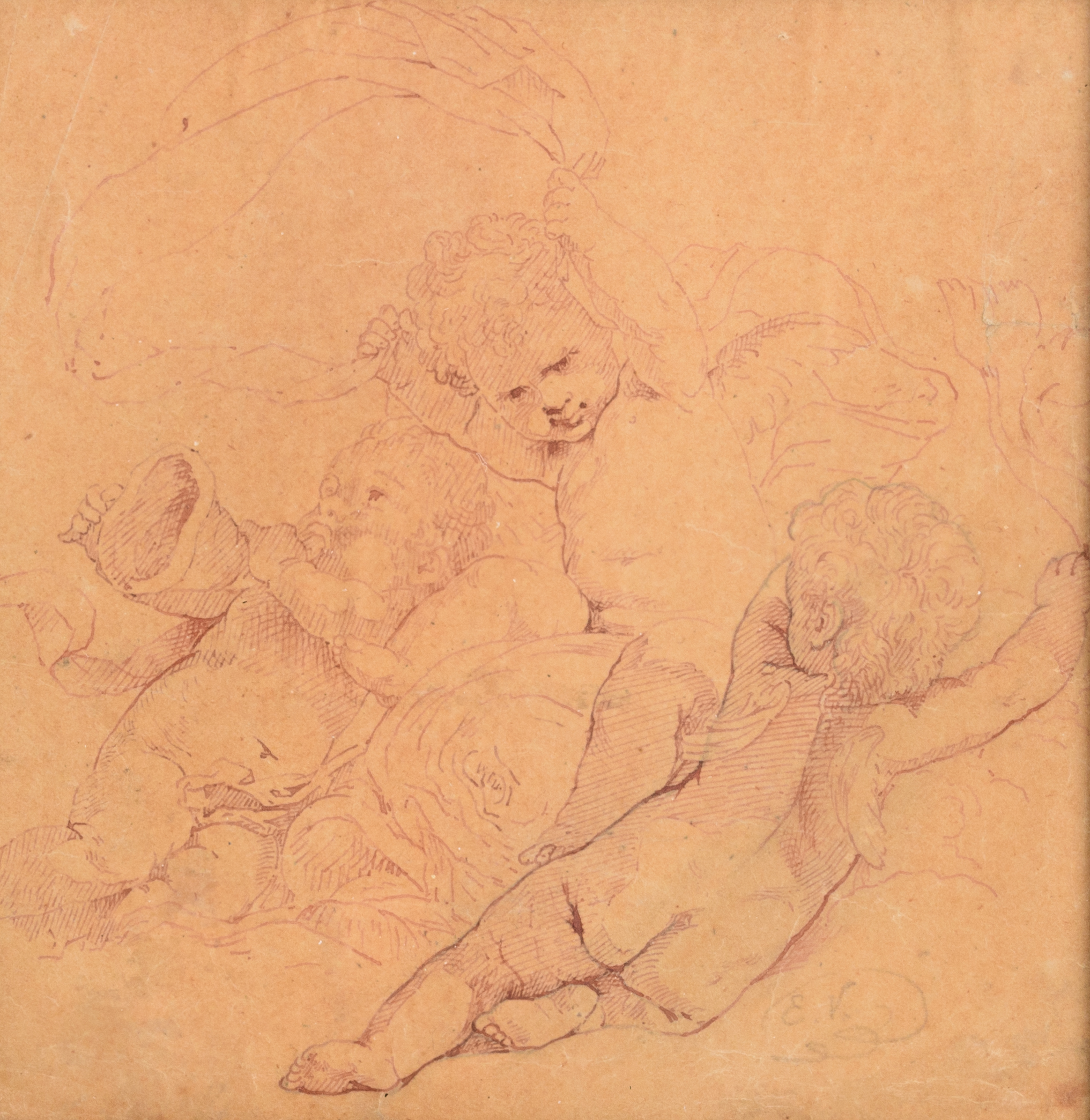 Attributed to Eugène Verboeckhoven, study drawing with putti, 18 x 18 cm