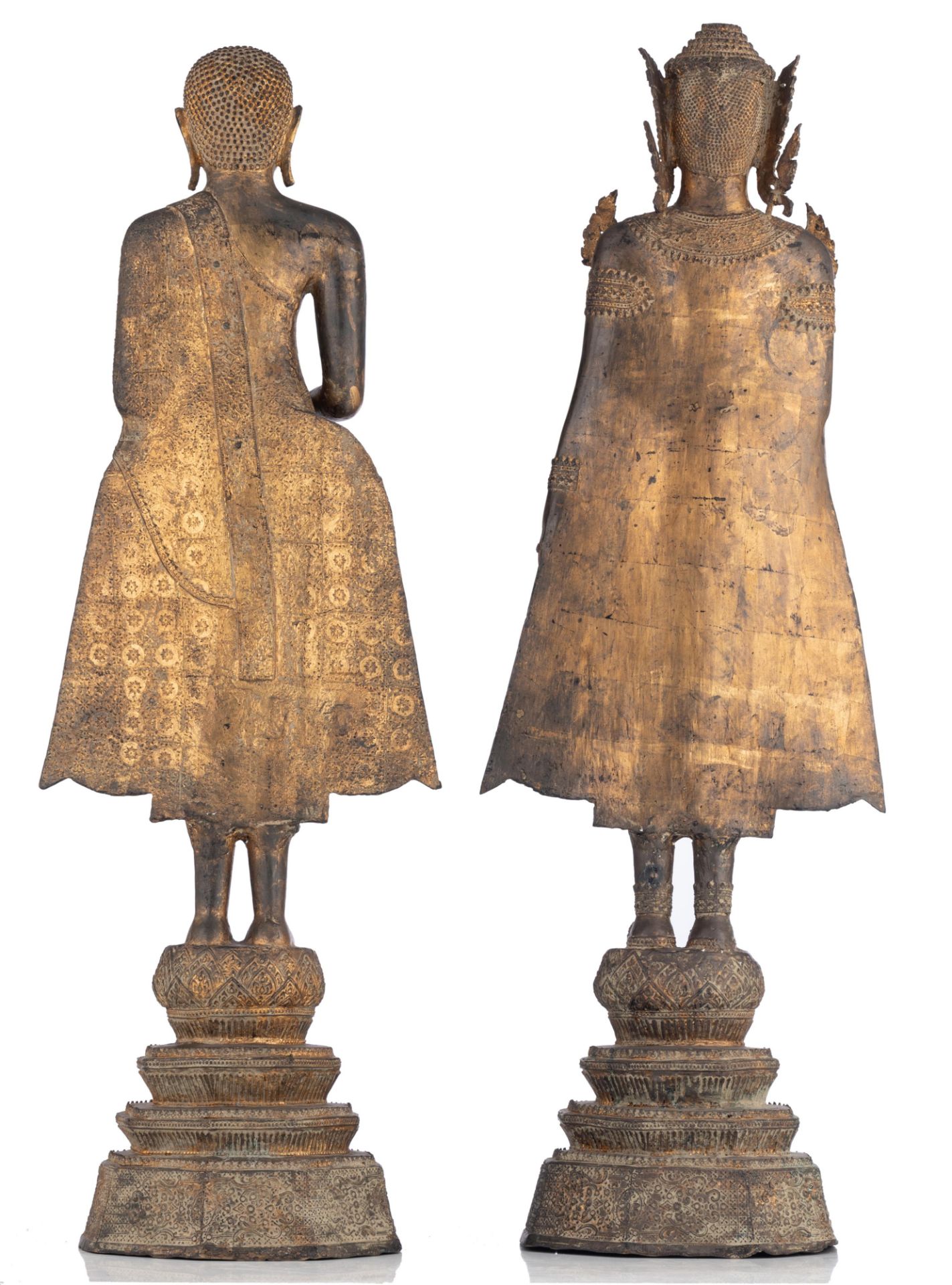 Two gilt bronze standing Buddha and a lacquered and gilt wood seated Buddha, Thailand, Tallest H 121 - Image 3 of 11