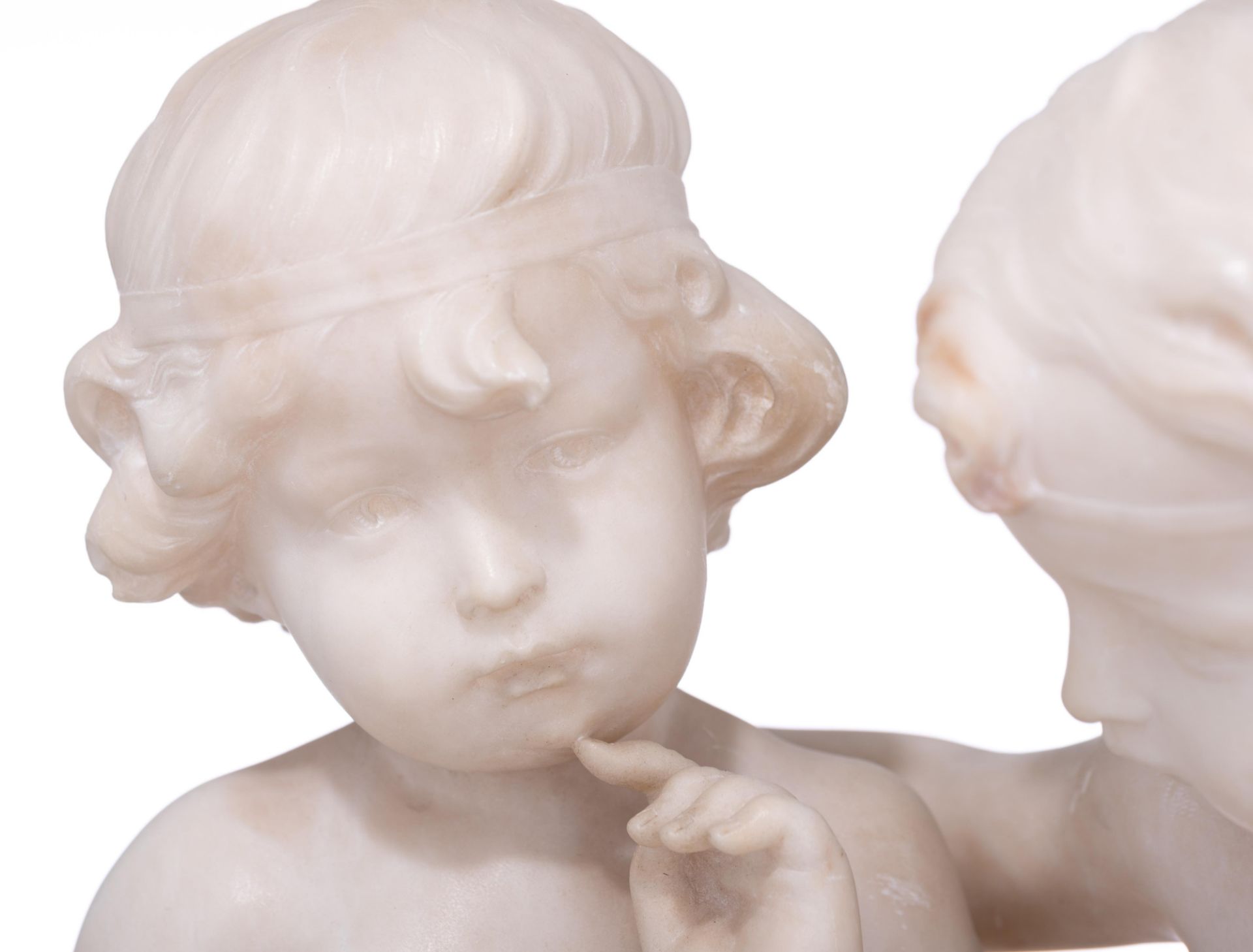Pugi G., a Carrara marble group, depicting Amor and Psyche as children, H 45,5 cm - Image 5 of 11