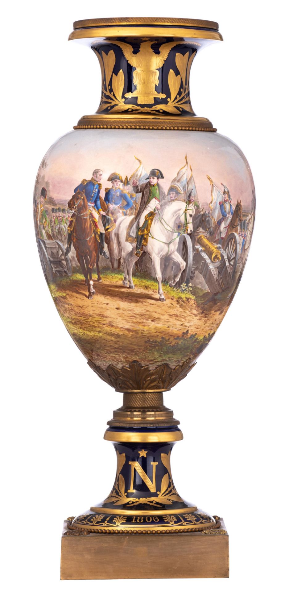 An imposing Sèvres vase, decorated with Napoleon at the battle of Jena, signed, H 84 cm
