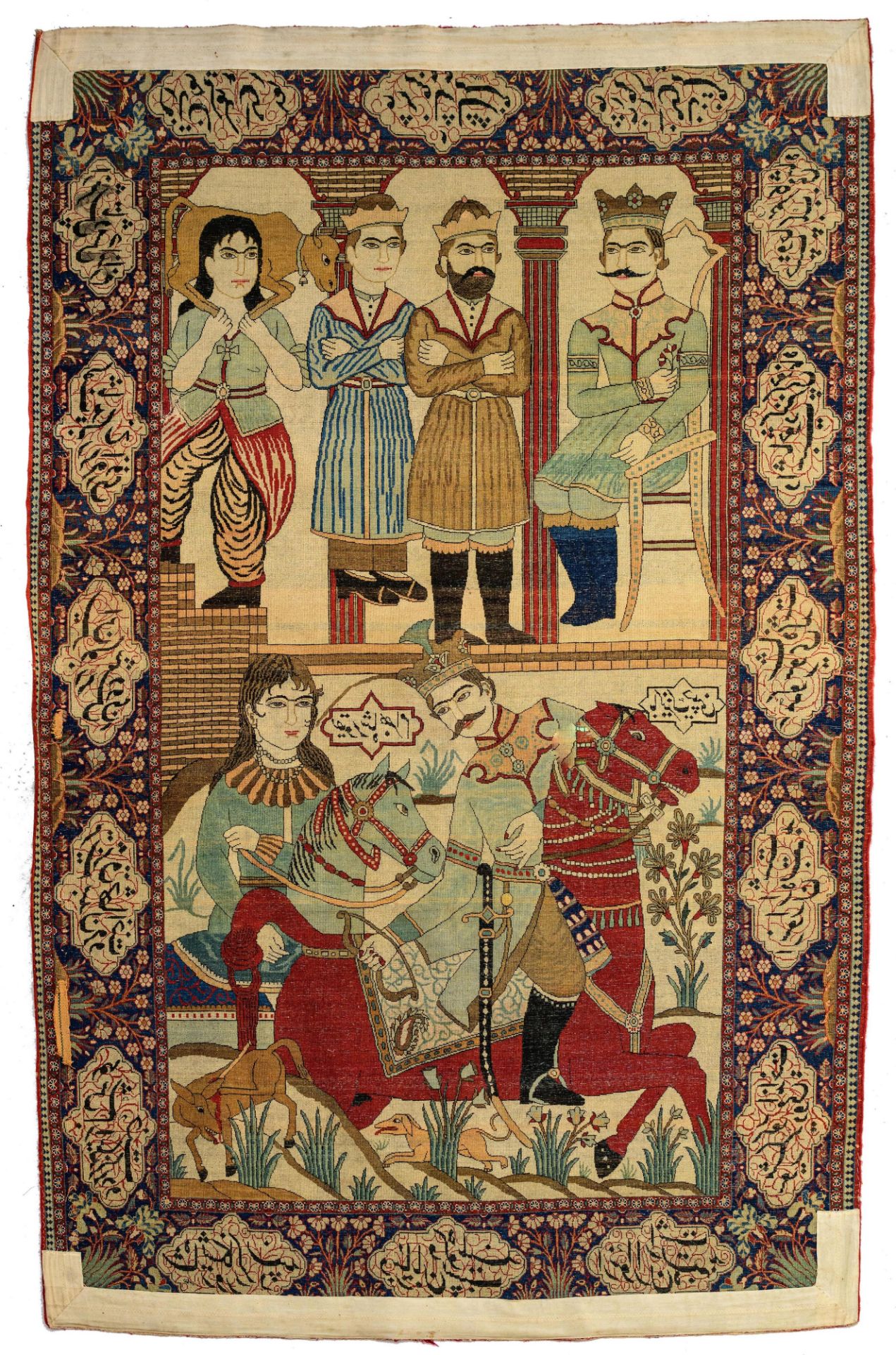 A pictorial Kashan 'Mohtasham' rug, featuring King Bahram, 19thC, 132 x 204 cm - Image 2 of 7