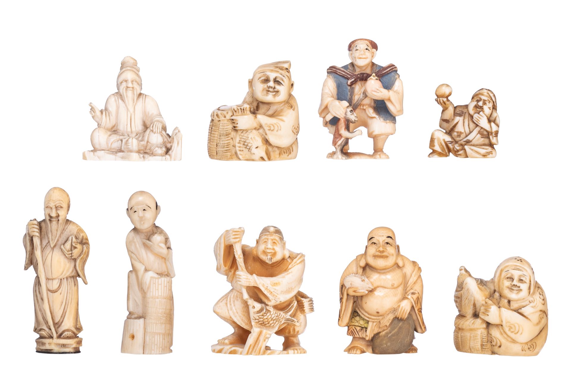 Nine various Japanese and Chinese 19th and early 20thC ivory netsuke and okimono, H 3 - 4 (x2) - 4,2