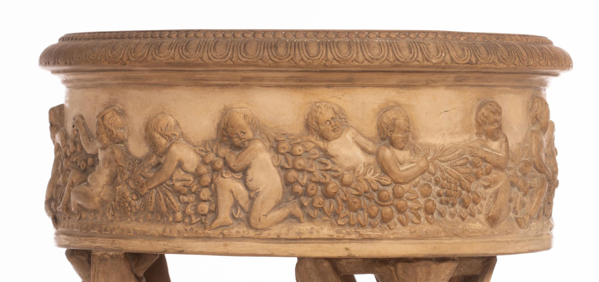 An Empire style patinated terracotta jardinière, H 90 - ø 36,5 cm - Image 10 of 17