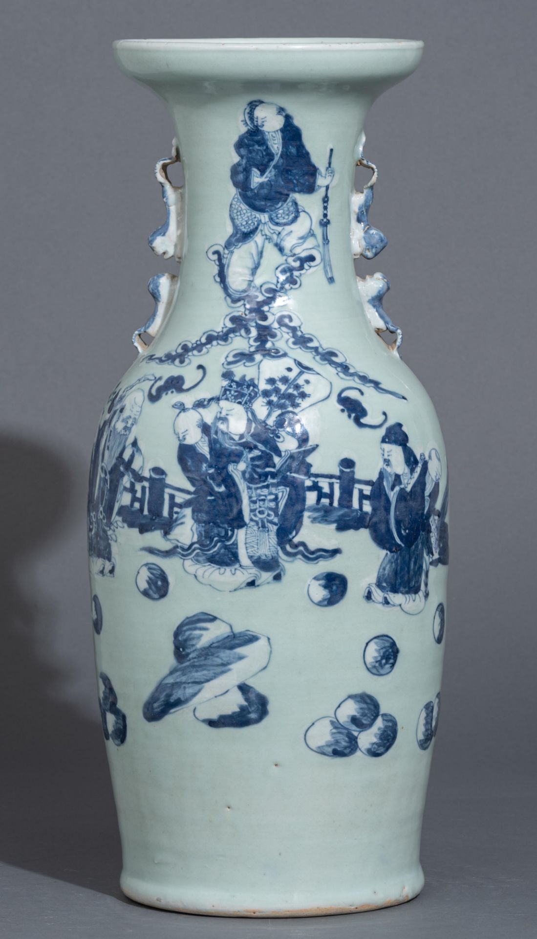 A Chinese blue and white on a celadon ground vase, 19thC, H 58,5 cm - Image 2 of 6