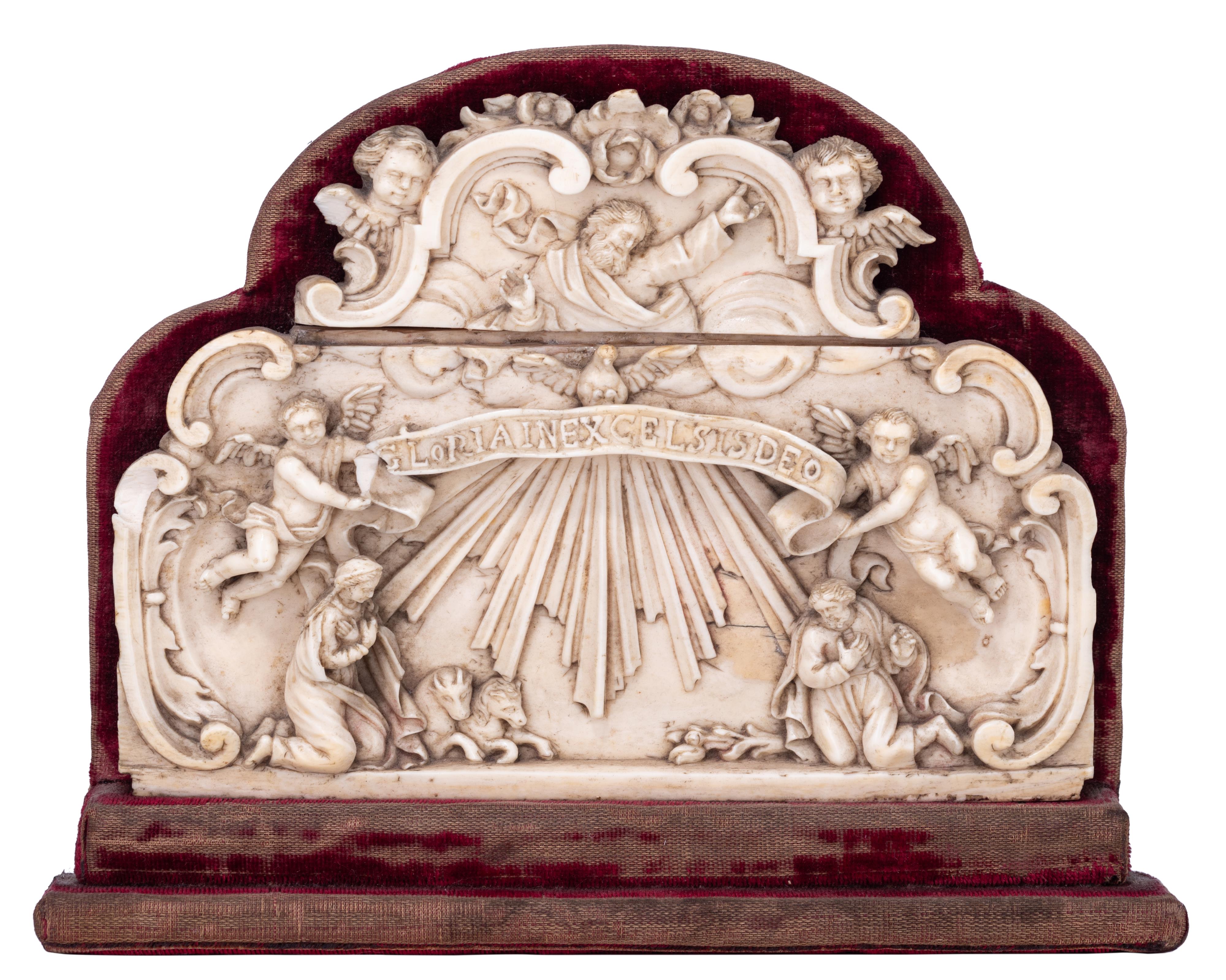 A 17th/18thC ivory group depicting the Nativity of Christ, H 11,5 cm - W 16 cm