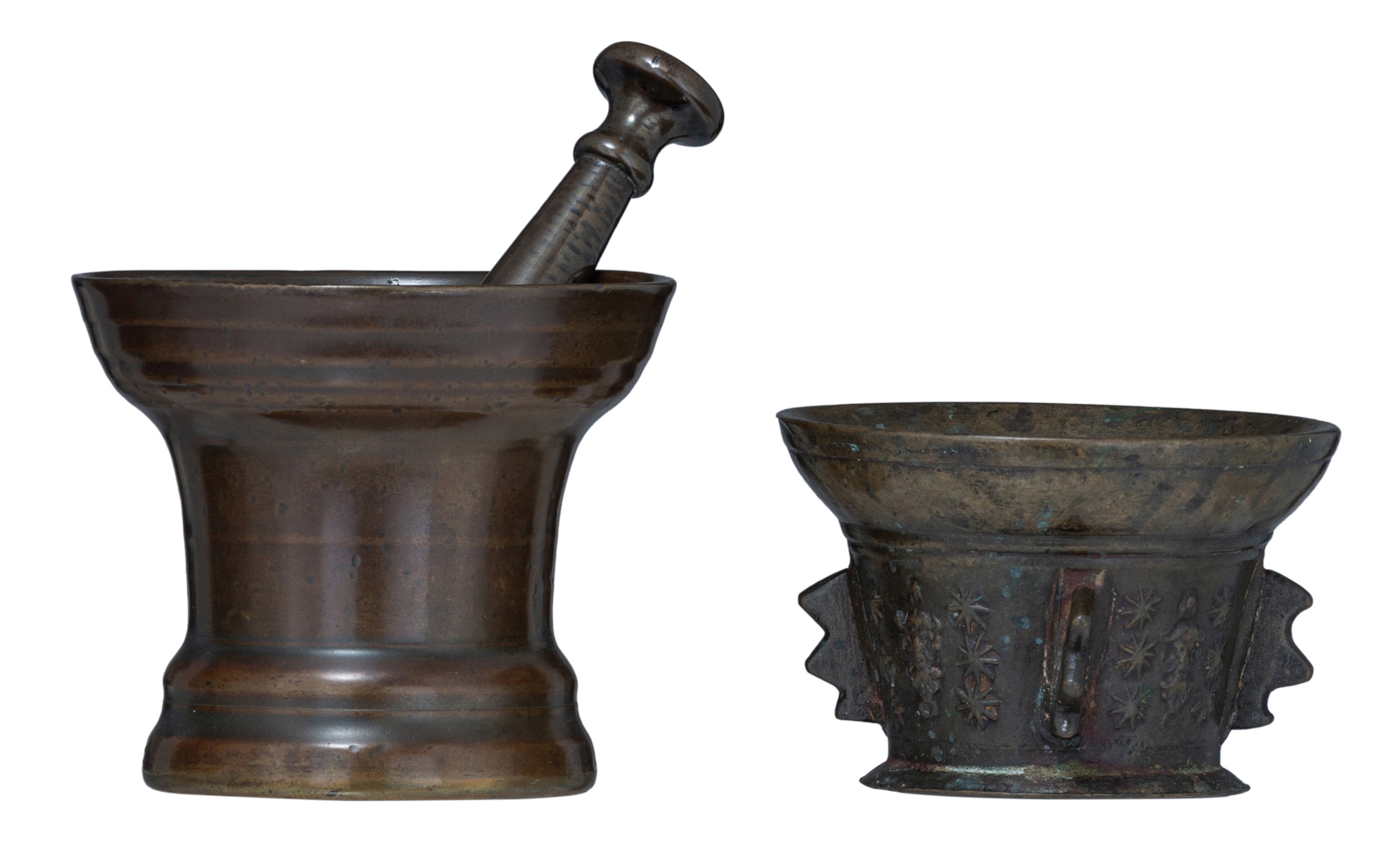 Two bronze mortars, one a 17th - 18thC South European (French or Spanish), one Dutch, 17thC, with it