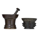Two bronze mortars, one a 17th - 18thC South European (French or Spanish), one Dutch, 17thC, with it
