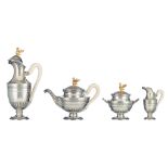 A four-part neoclassical 835/000 silver coffee and tea set with ivory handles, H 15,9 - 34,1 cm / to