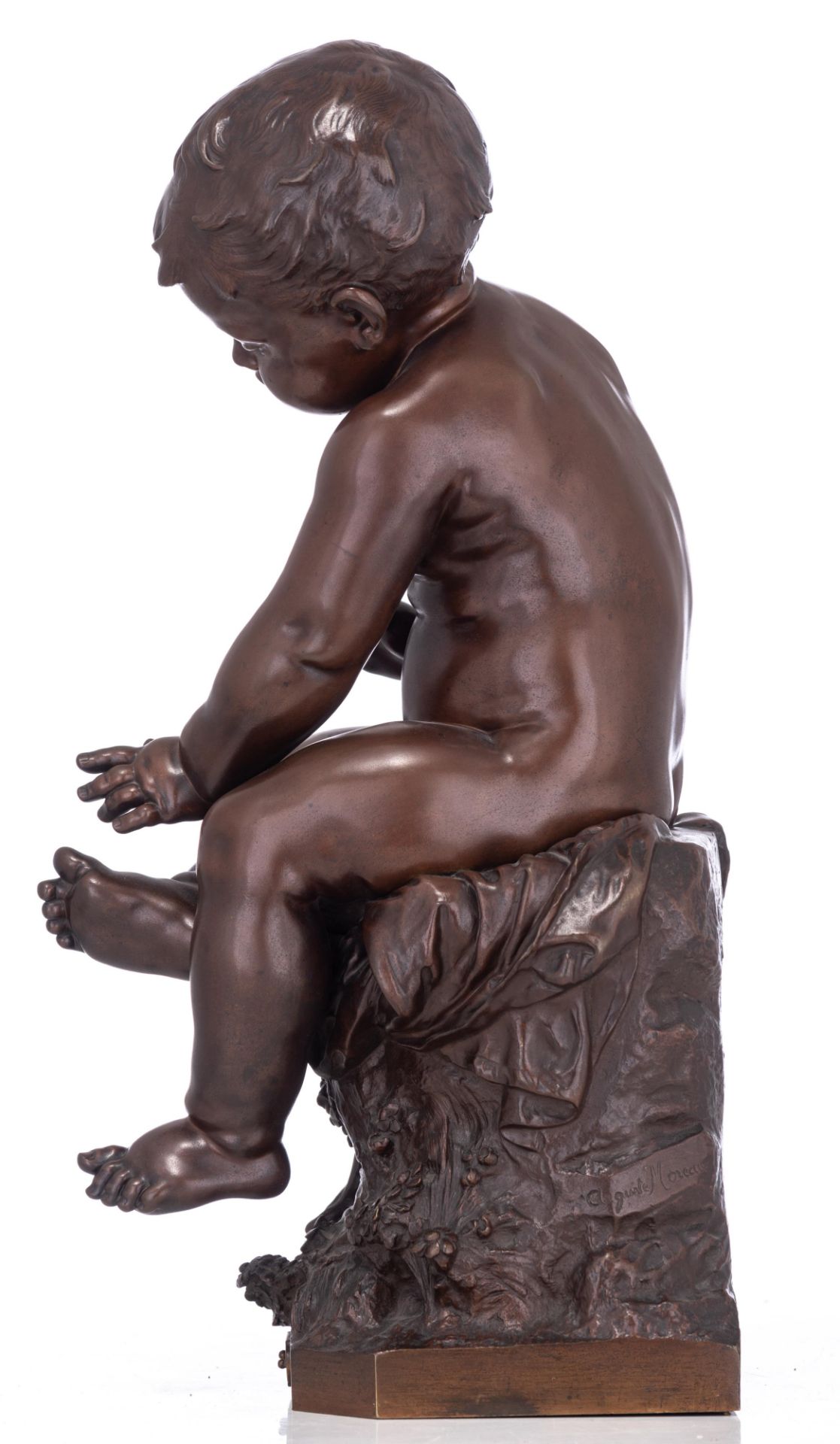 Auguste Moreau (1834-1917), a patined bronze figure of a boy trying to catch a fly, H 56,5 cm - Image 2 of 8