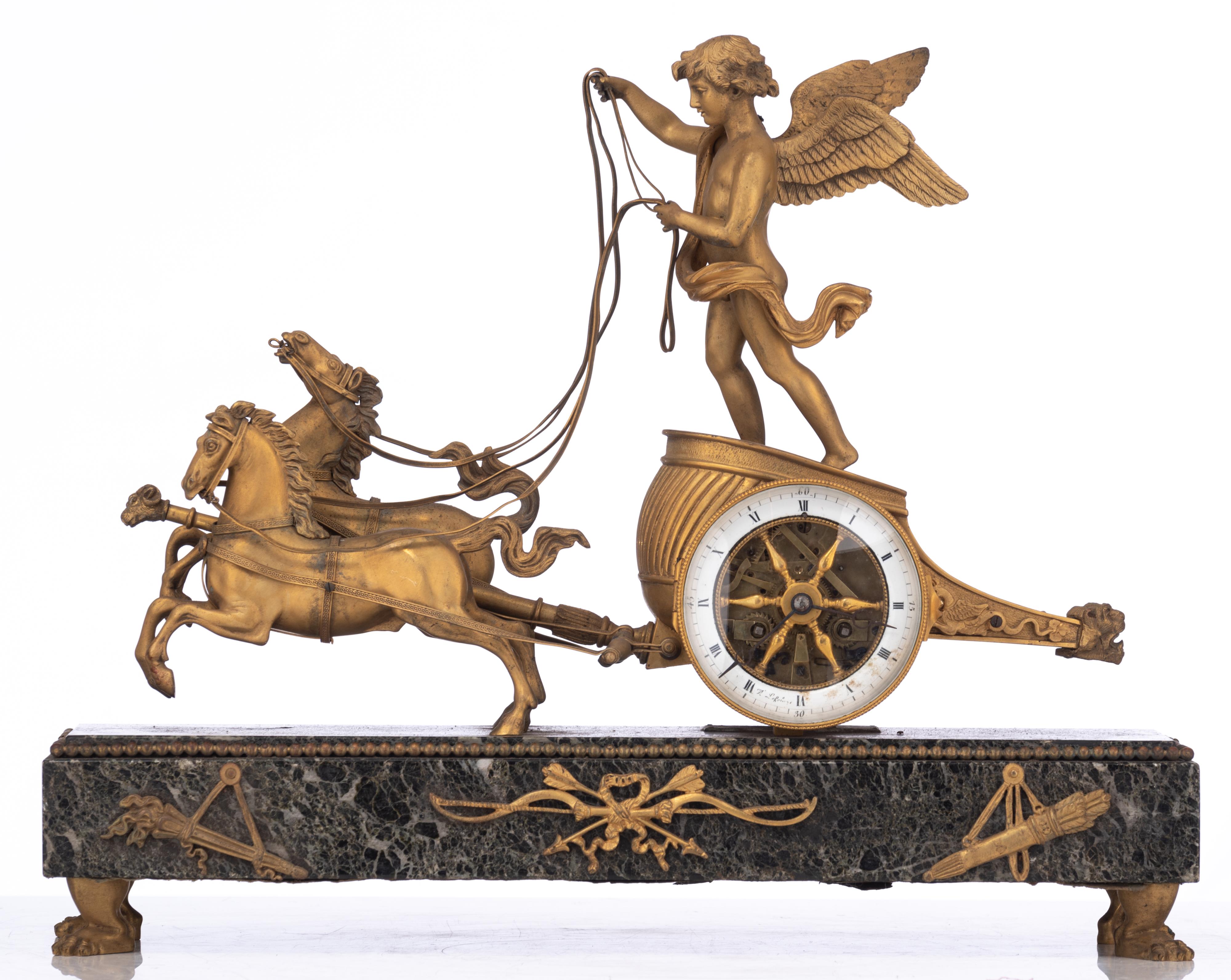 A Neoclassical mantle clock with Cupid's chariot, H 46 - W 37 cm - Image 2 of 7