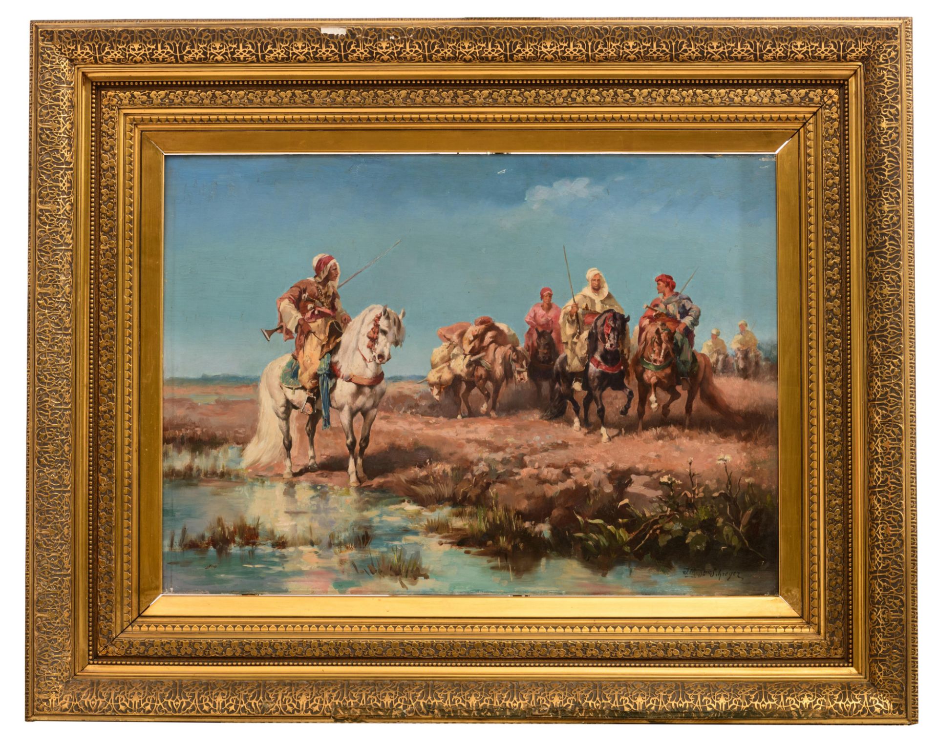 Schreyer J. M., Moorish horseman in a landscape, oil on a mahogany panel, 51 x 72 cm