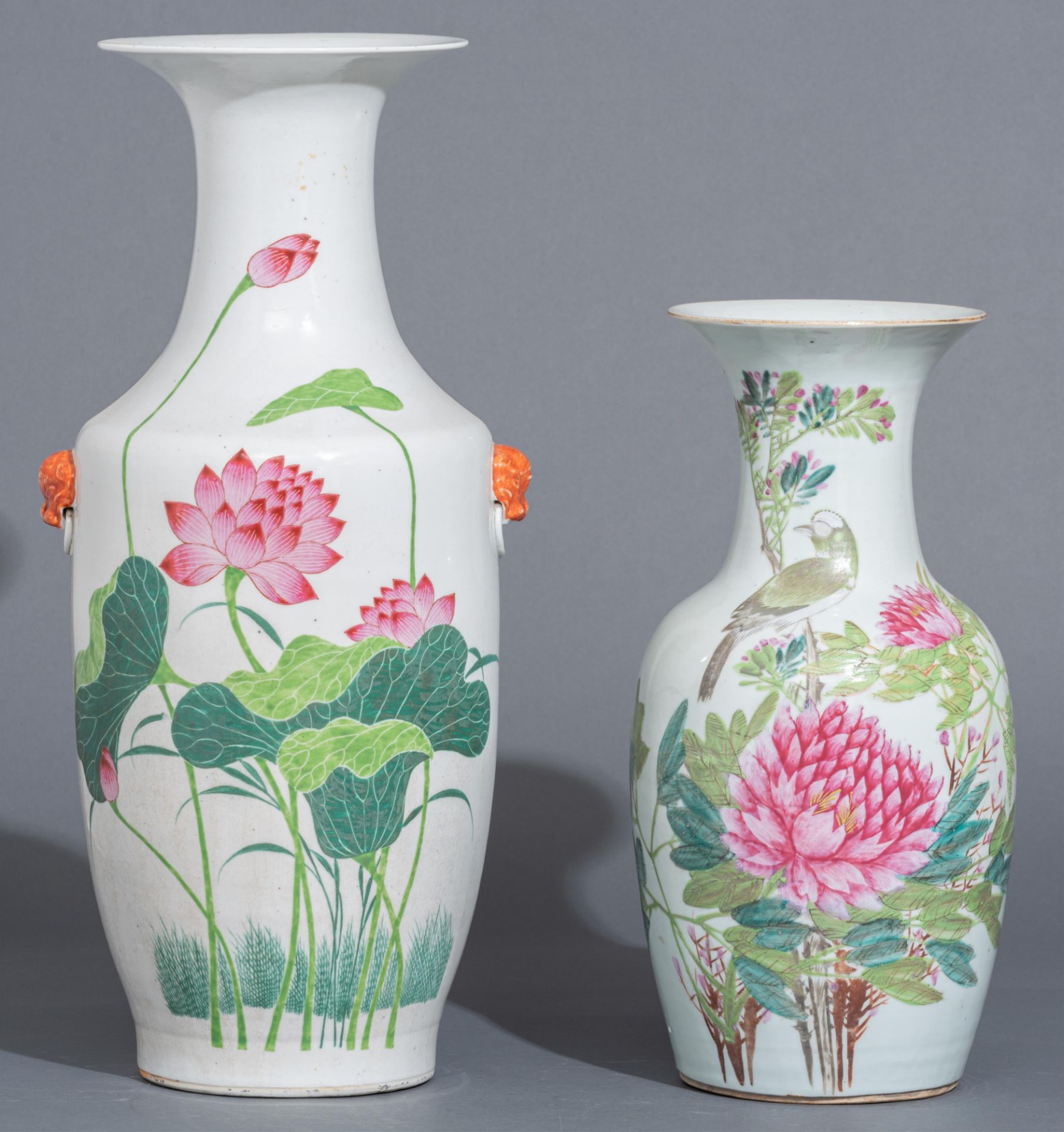 Two Chinese famille rose 'birds and flowers' vases, one paired with Fu lion handles, both with signe - Image 2 of 7