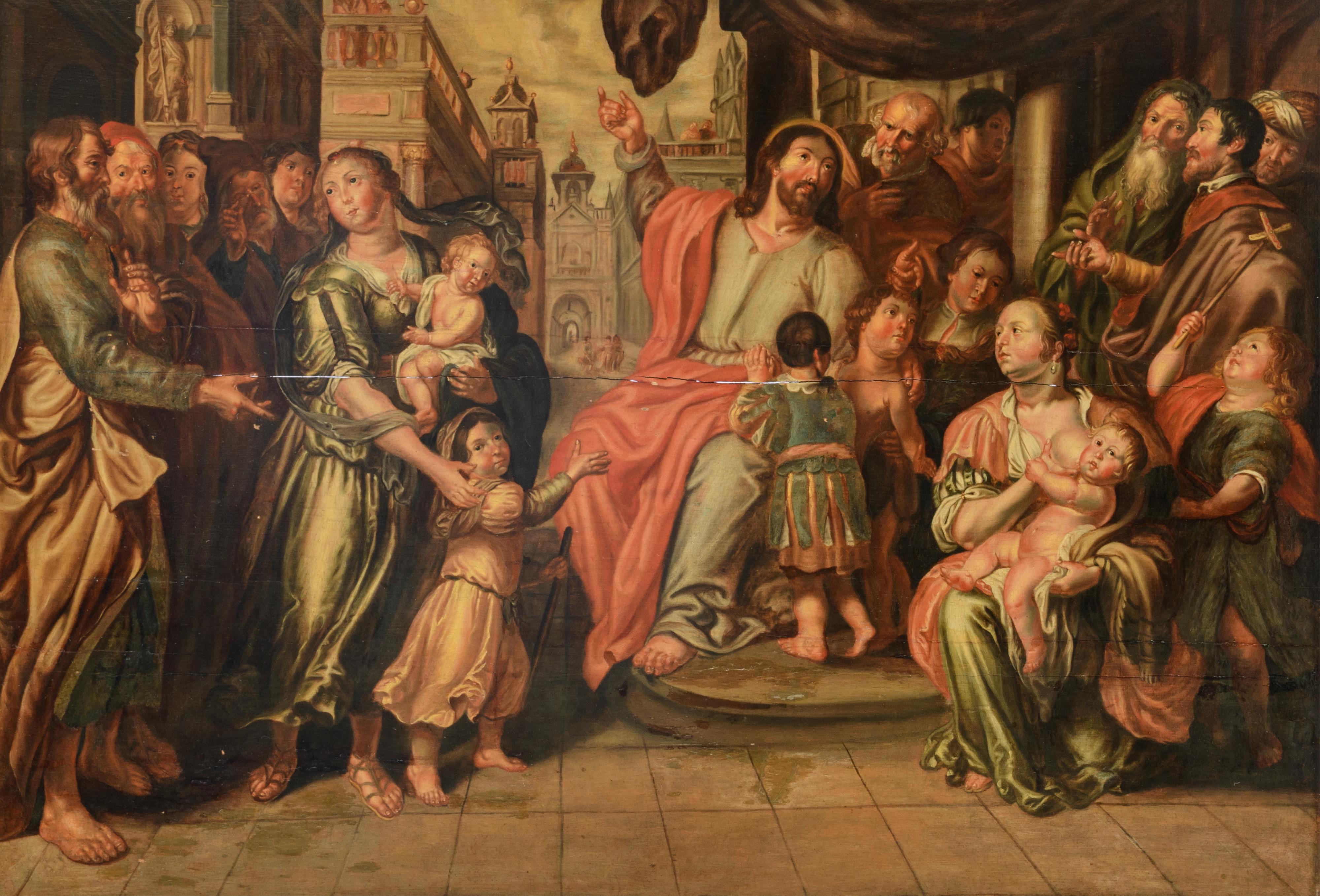 Let the children come to me, Antwerp School, 17thC, 74 x 105 cm