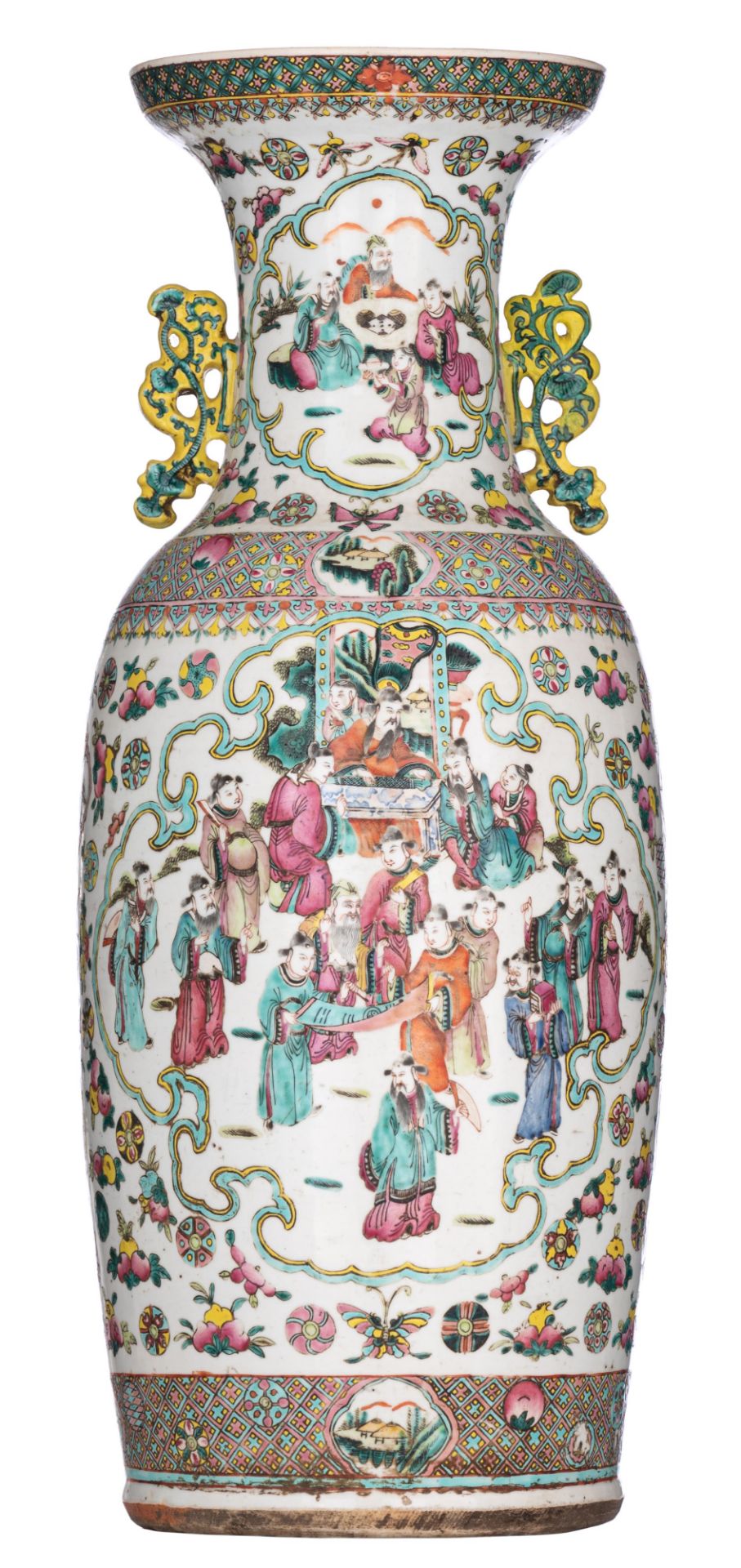 A Chinese famille rose vase, paired with Lingzhi handles, 19thC, H 58 cm