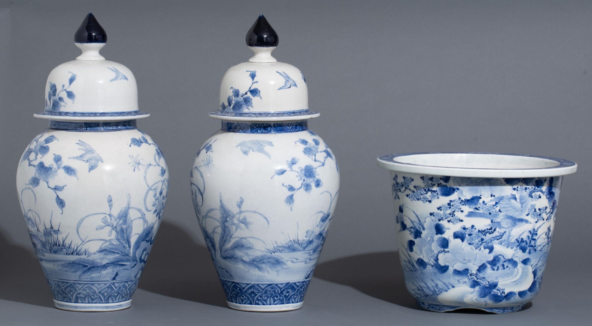 A pair of Japanese blue and white Arita covered vases and a ditto jardinière, Meiji period, H vases - Image 5 of 8