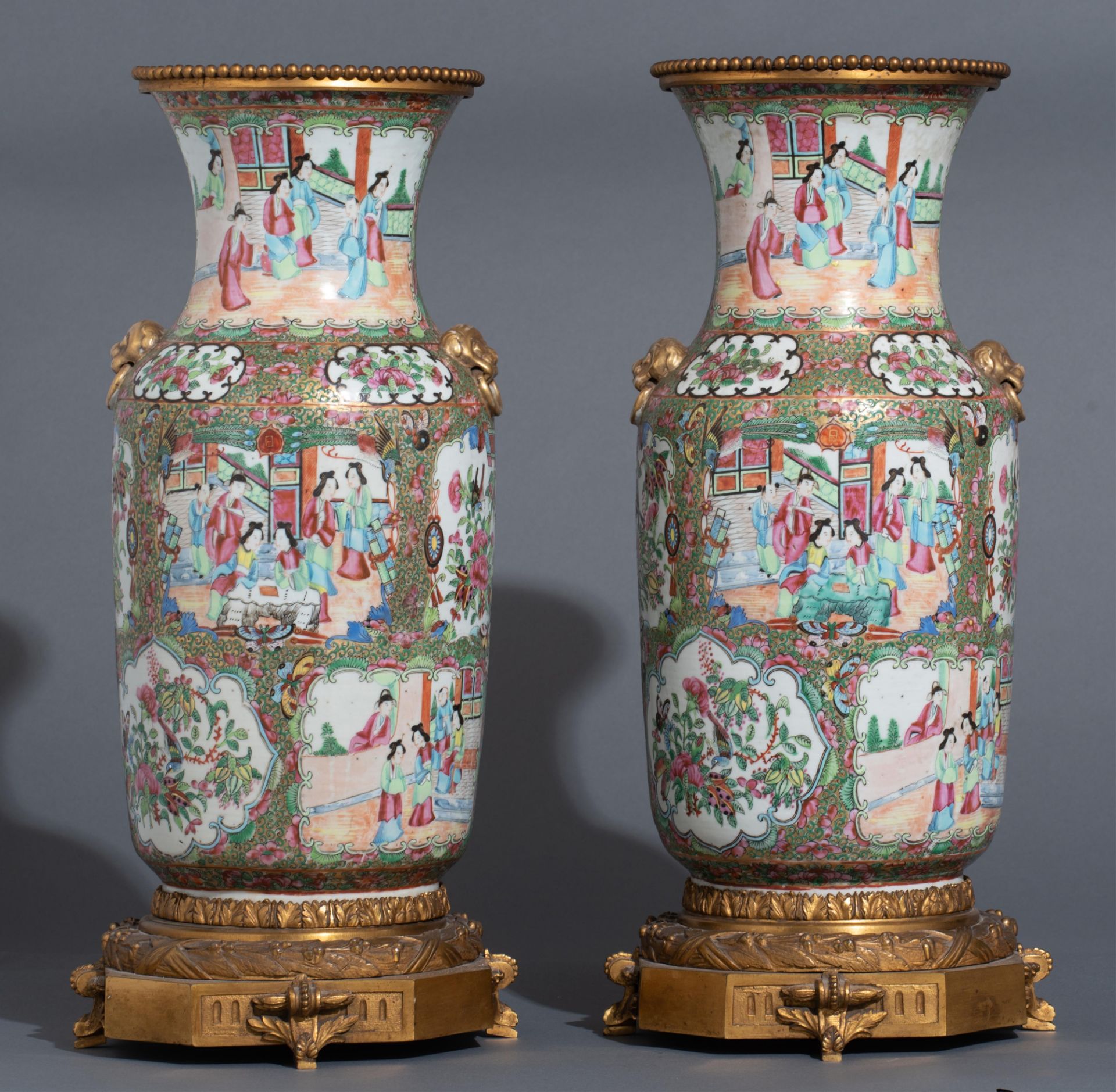 Two Chinese Canton famille rose mounted vases and a ditto punch bowl, 19thC, H 52 cm - Image 3 of 13