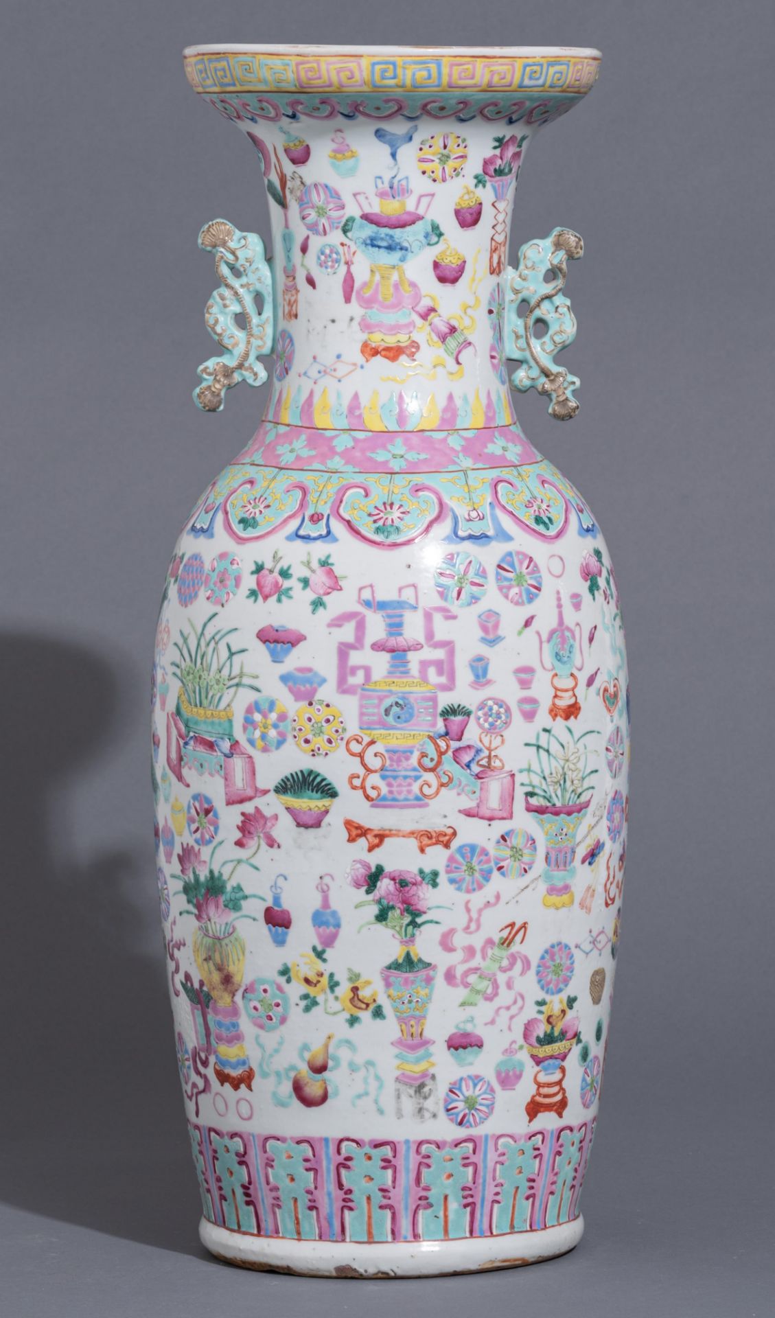 A Chinese famille rose 'antiquities' vase, paired with lingzhi handles, 19thC, H 62 cm - Image 2 of 9