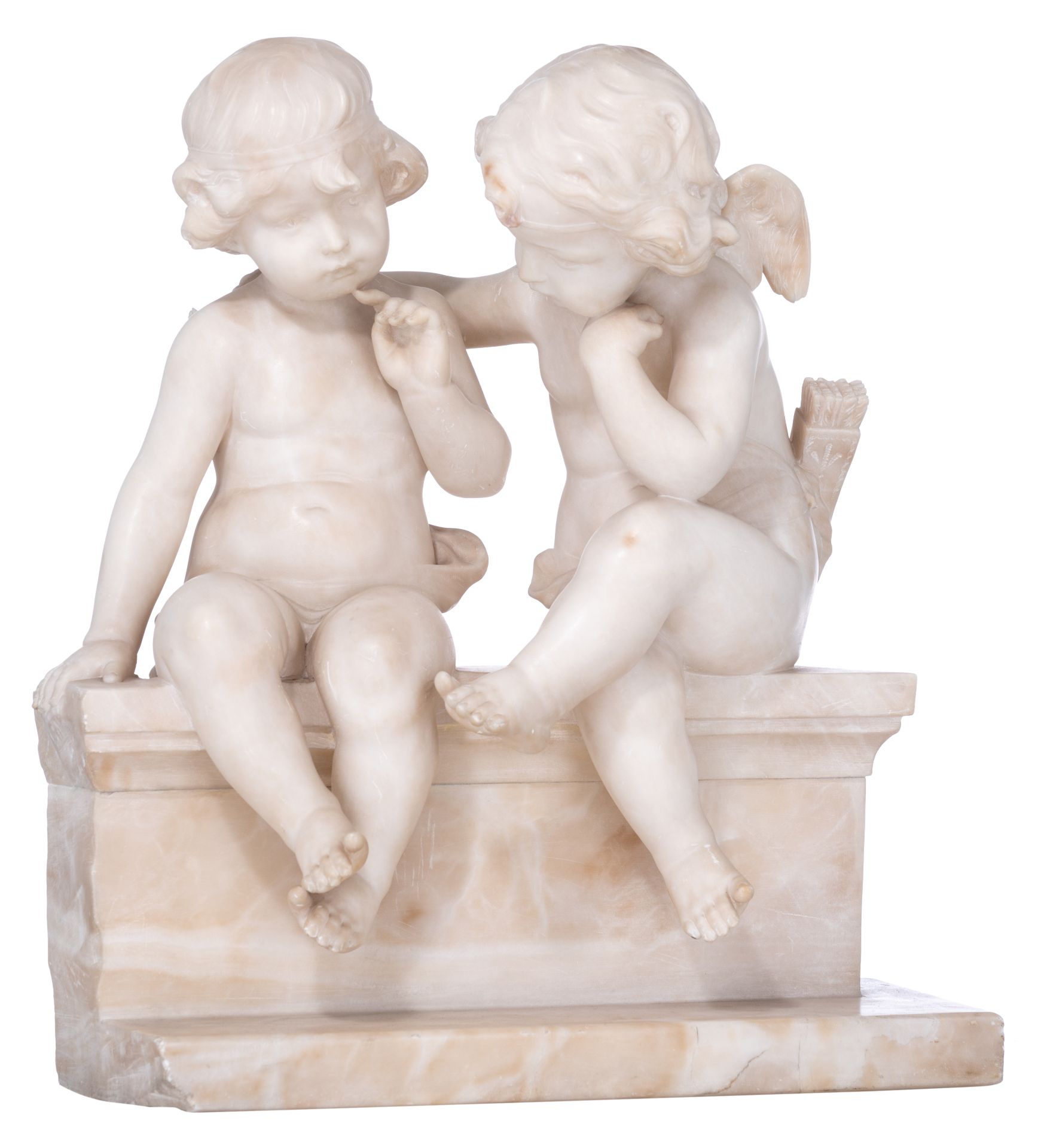 Pugi G., a Carrara marble group, depicting Amor and Psyche as children, H 45,5 cm