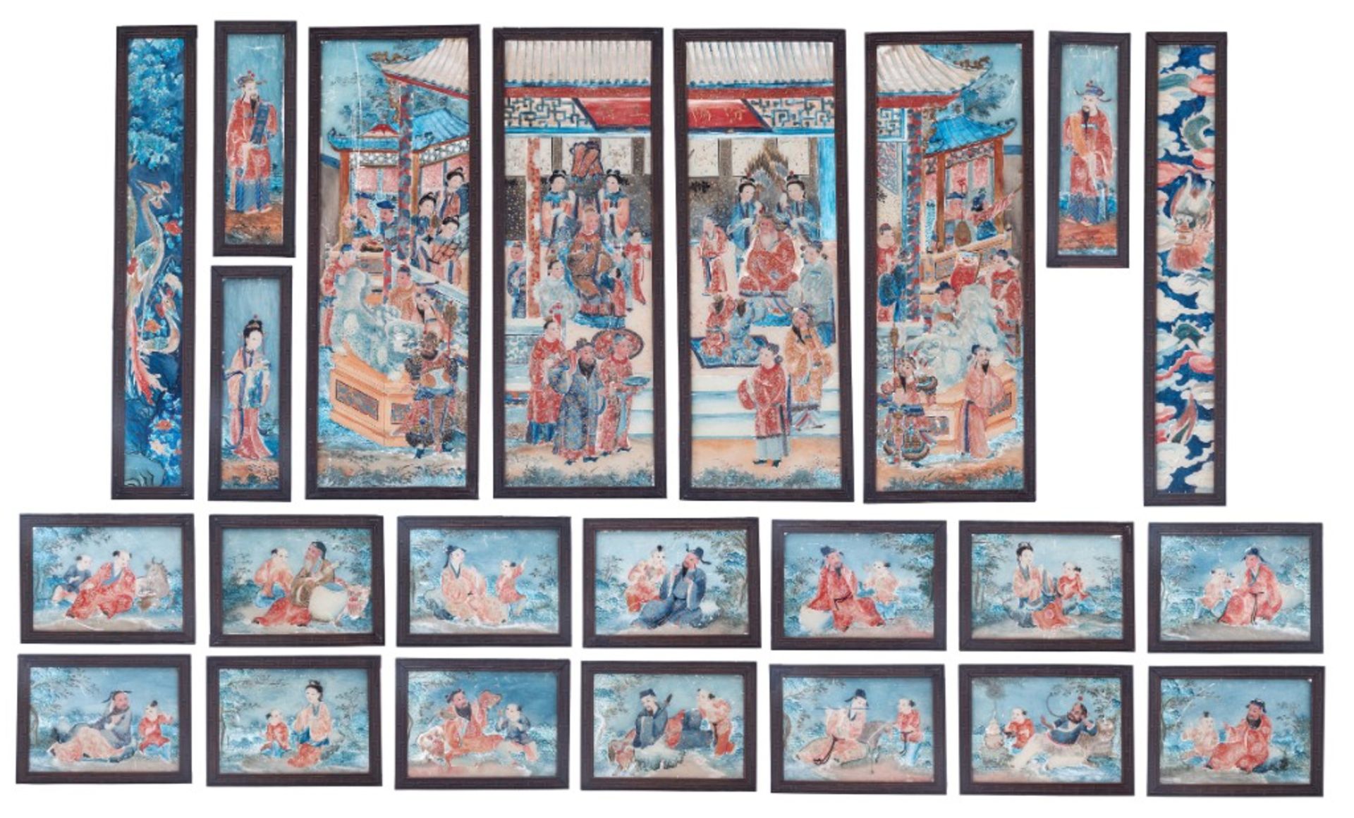 A Chinese Canton twenty-three-piece reversed glass painting set, late Qing dynasty, Total dimension