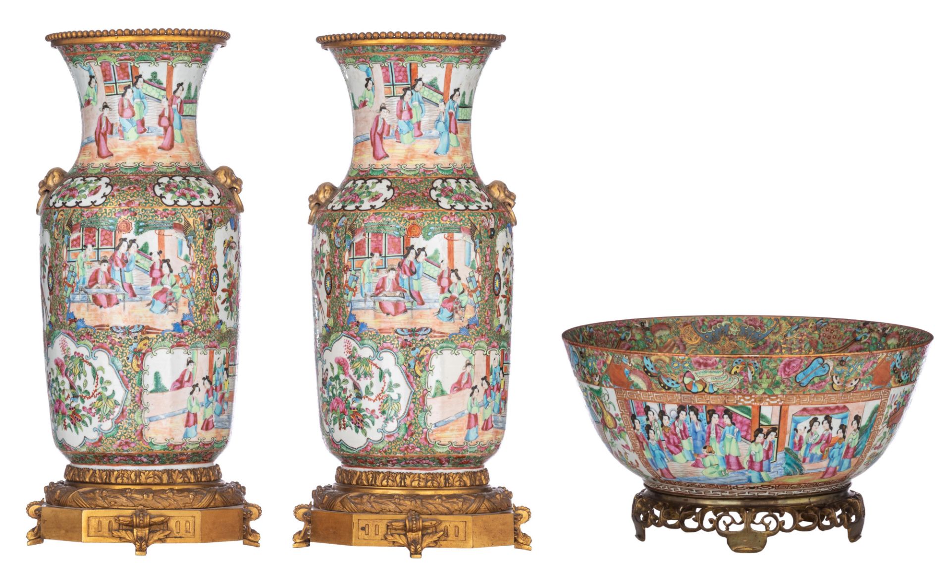 Two Chinese Canton famille rose mounted vases and a ditto punch bowl, 19thC, H 52 cm