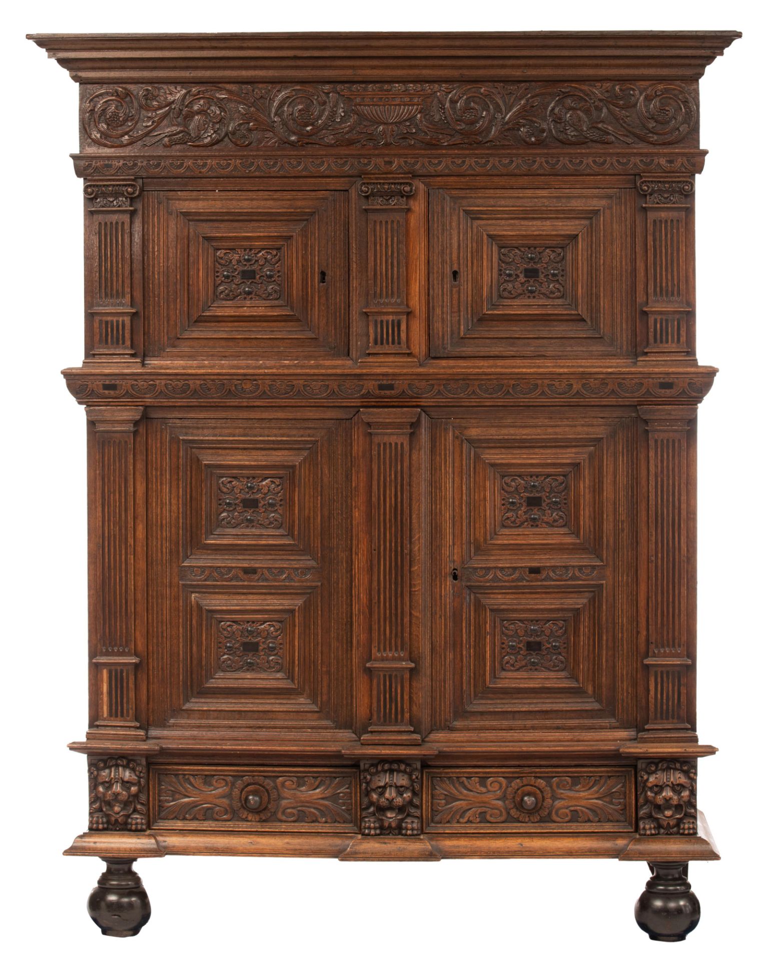 A Dutch-Zeelandic oak four-doors pillar cupboard, 17thC, H 210 - W 162 - D 61 cm - Image 2 of 9