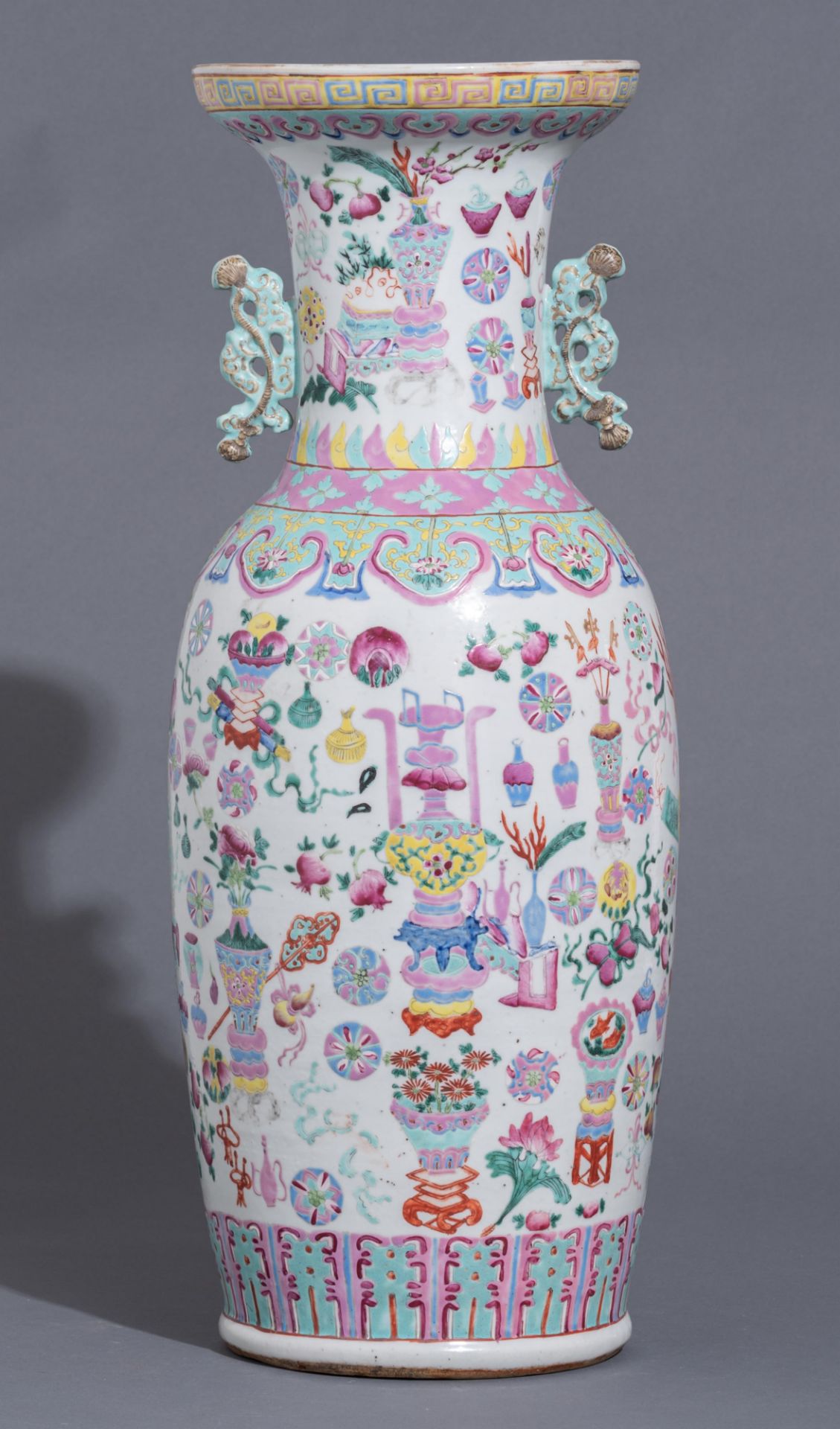 A Chinese famille rose 'antiquities' vase, paired with lingzhi handles, 19thC, H 62 cm - Image 4 of 9