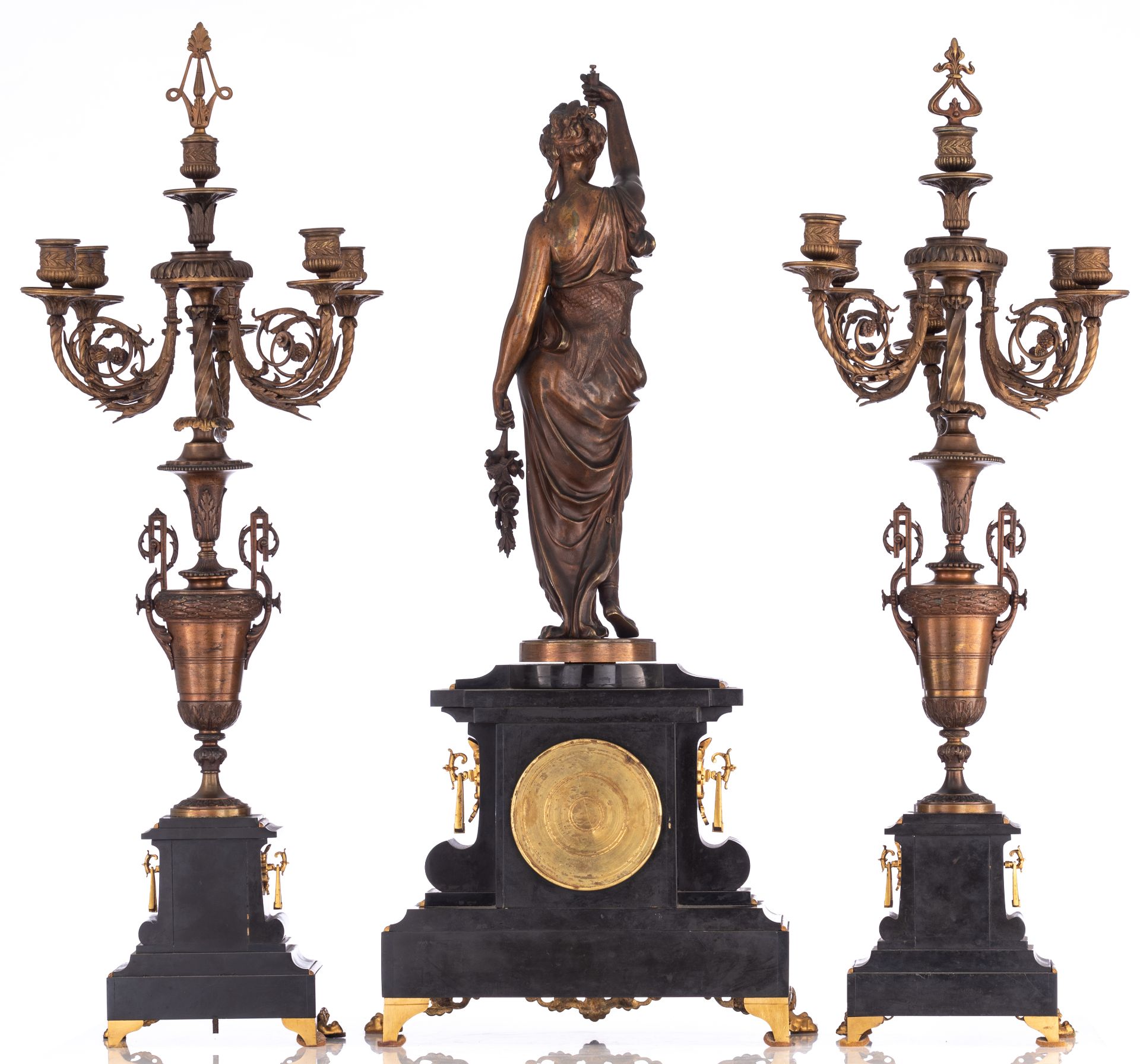 A large Belle Epoque three-piece mantle set, H 85 - 87 cm - Image 3 of 11