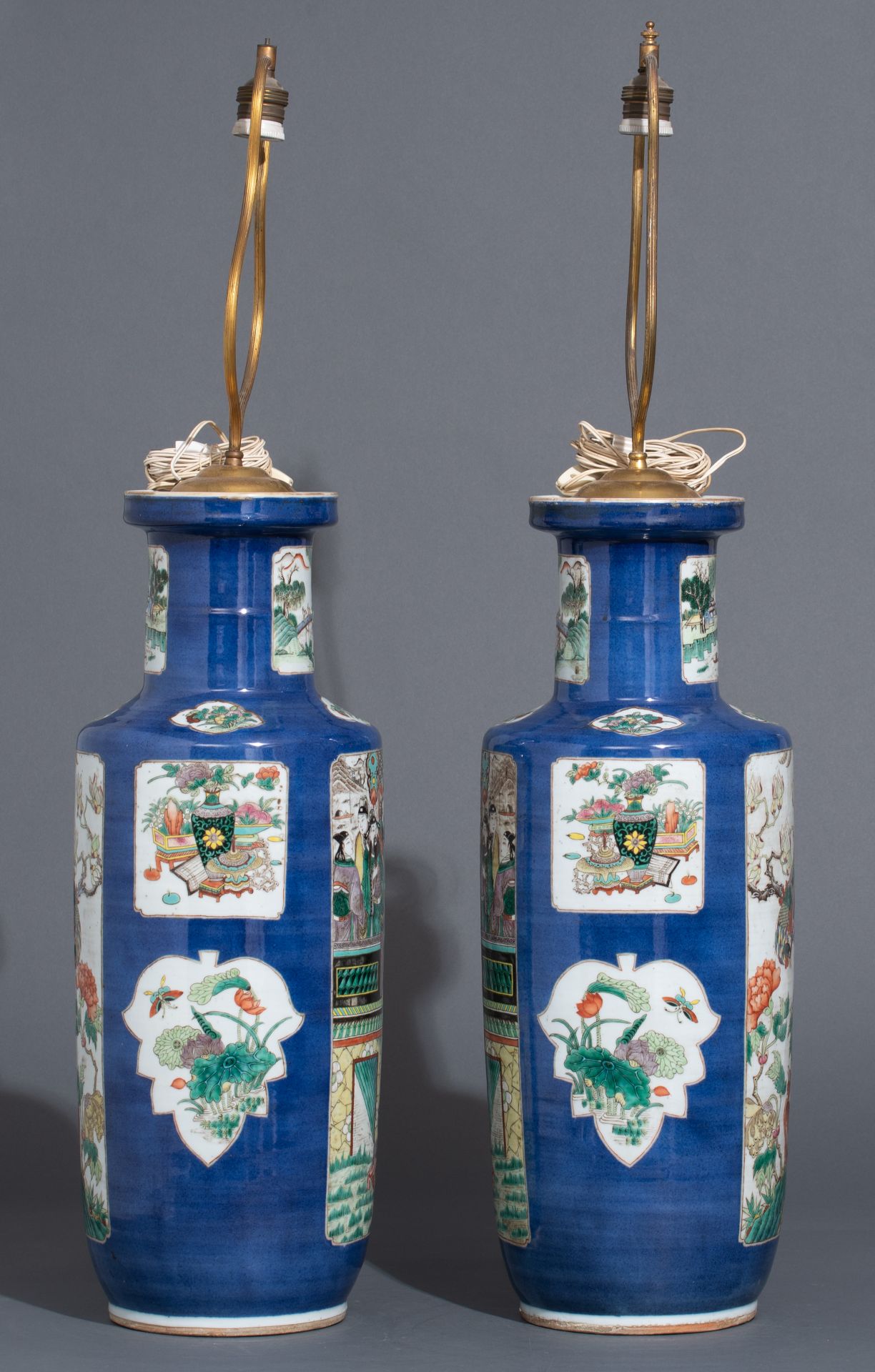 A pair of Chinese bleu poudré ground and famille verte rouleau vases, with a Qianlong mark, 19thC, H - Image 3 of 9