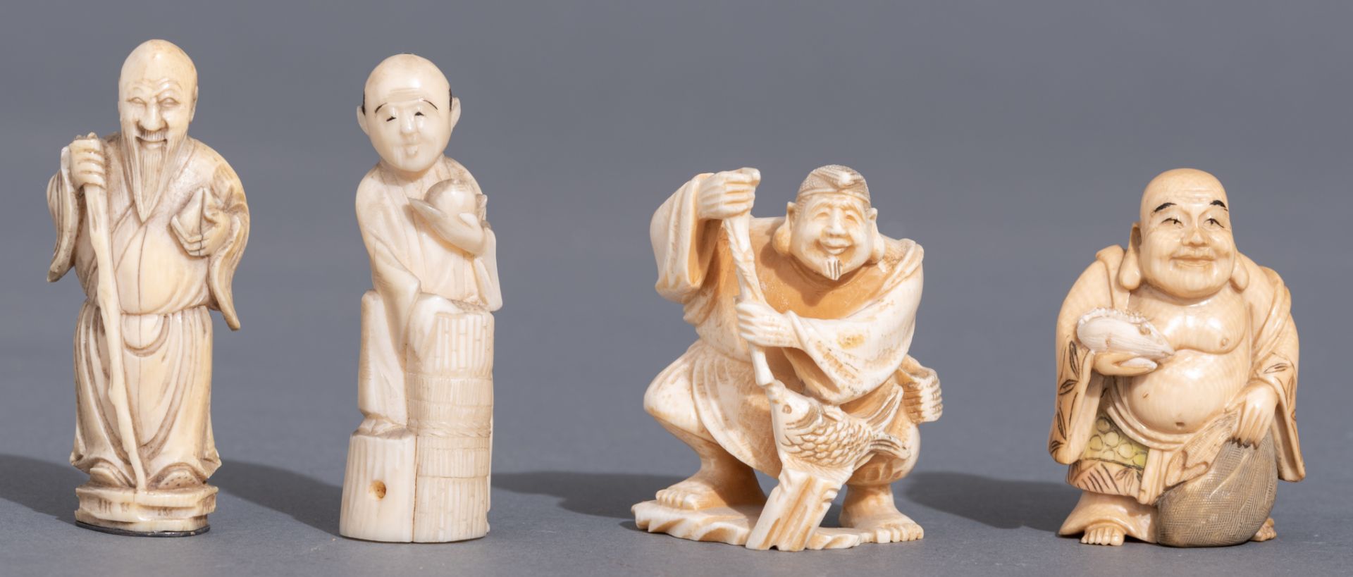 Nine various Japanese and Chinese 19th and early 20thC ivory netsuke and okimono, H 3 - 4 (x2) - 4,2 - Image 2 of 23