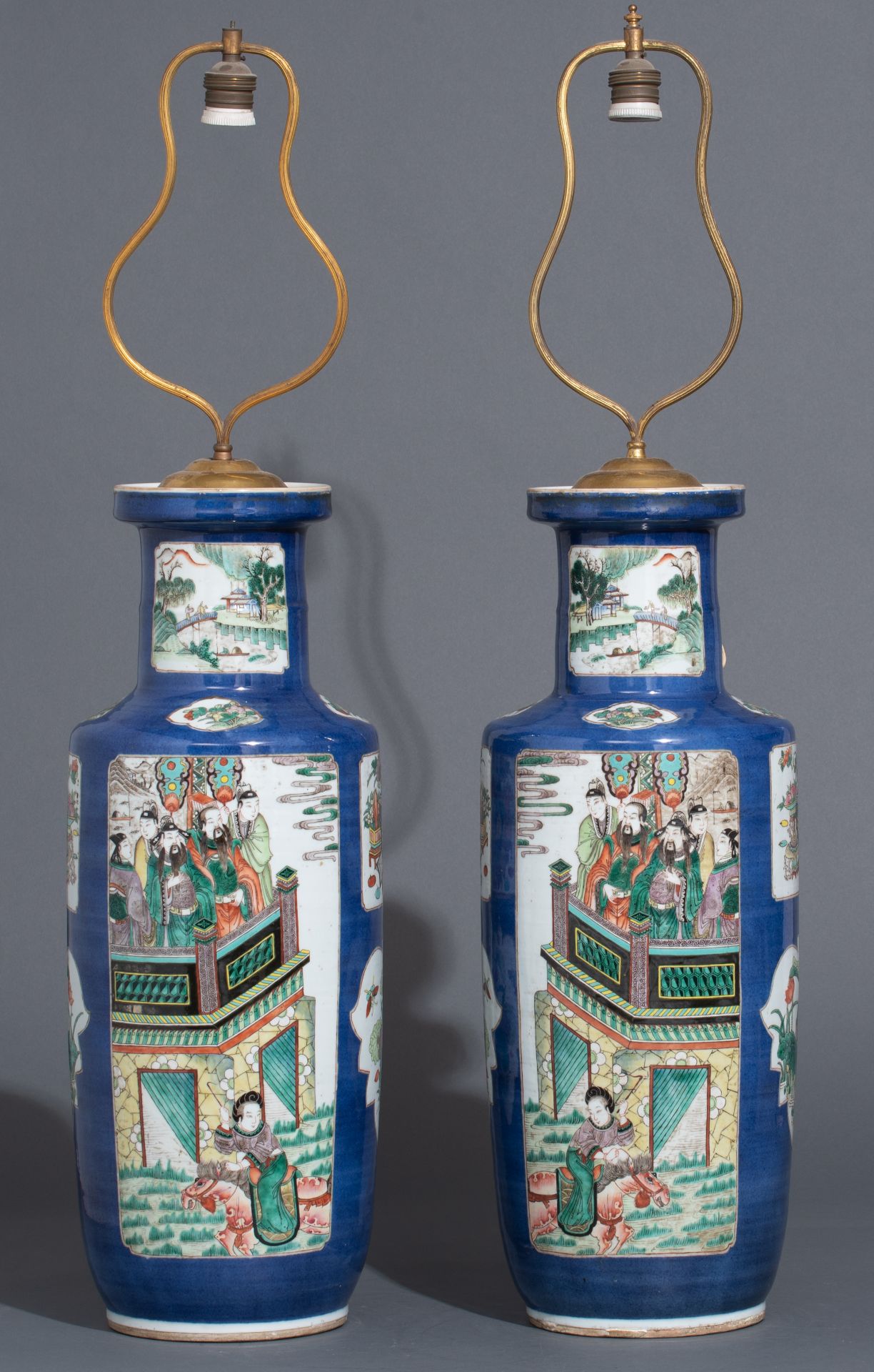 A pair of Chinese bleu poudré ground and famille verte rouleau vases, with a Qianlong mark, 19thC, H - Image 2 of 9